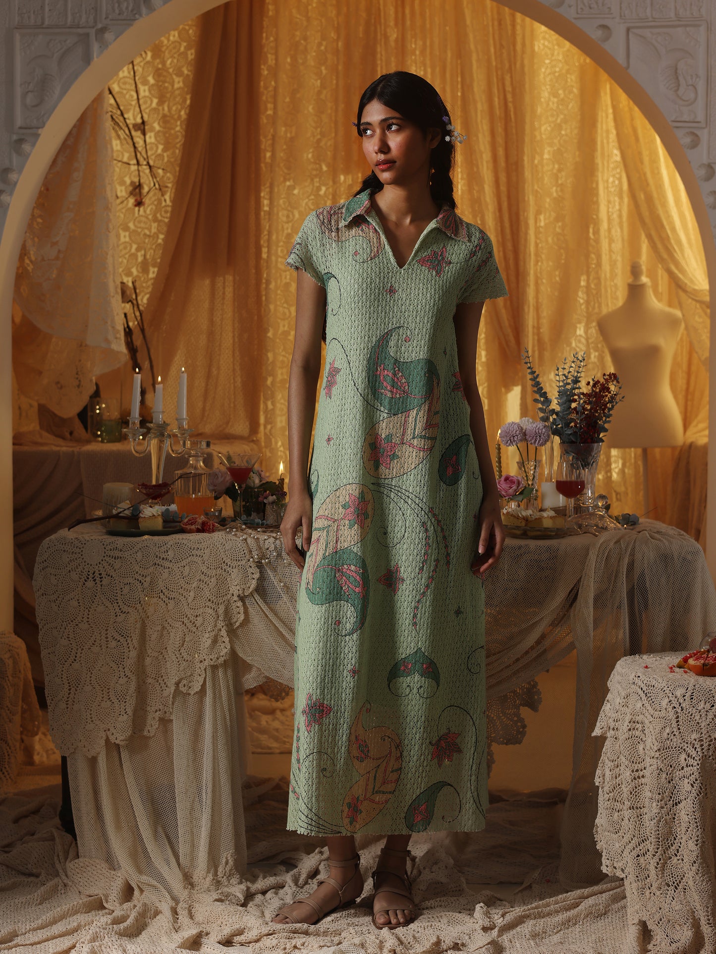 Mint green Cotton Net Collared Maxi