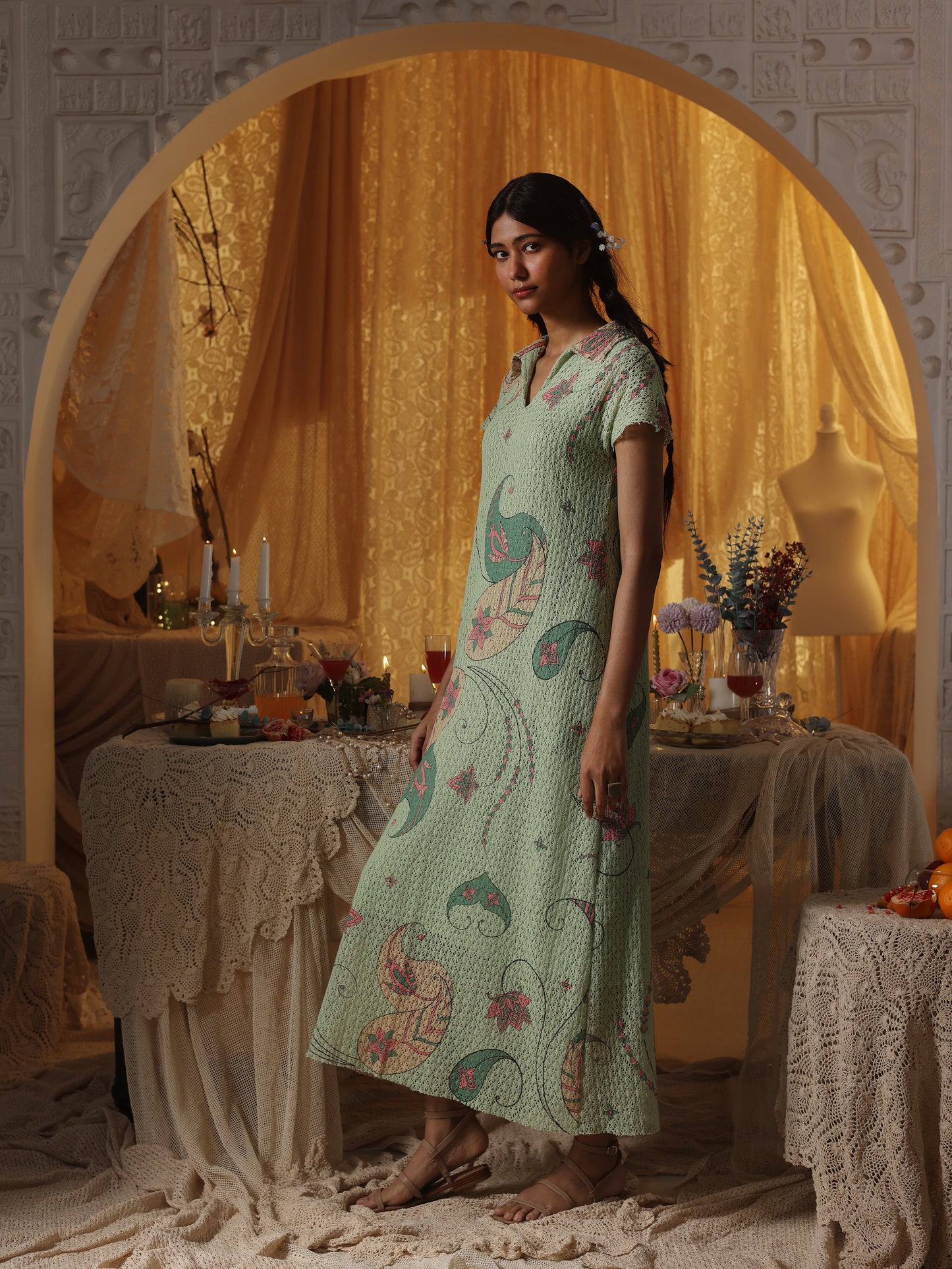 Mint green Cotton Net Collared Maxi