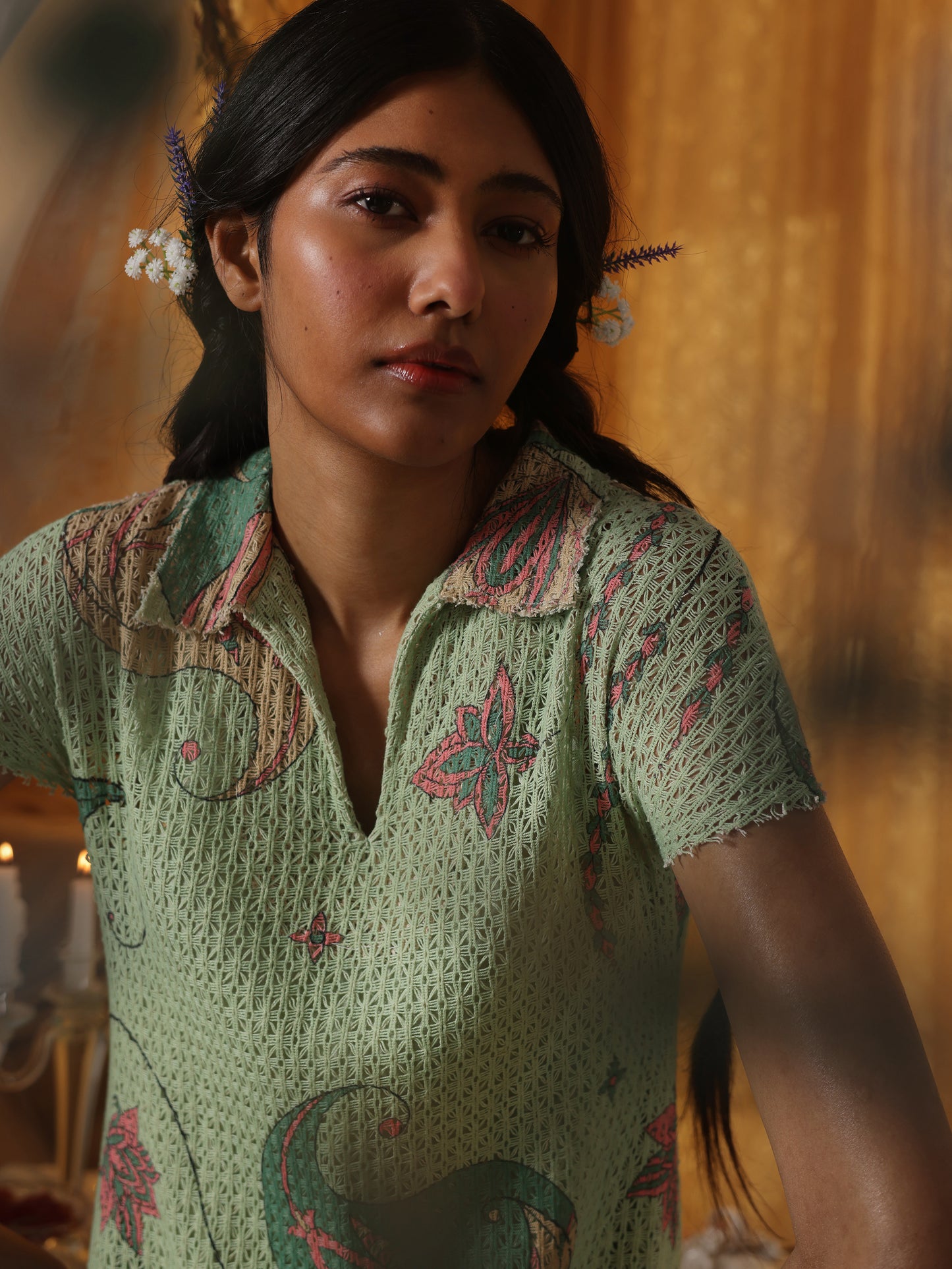 Mint green Cotton Net Collared Maxi