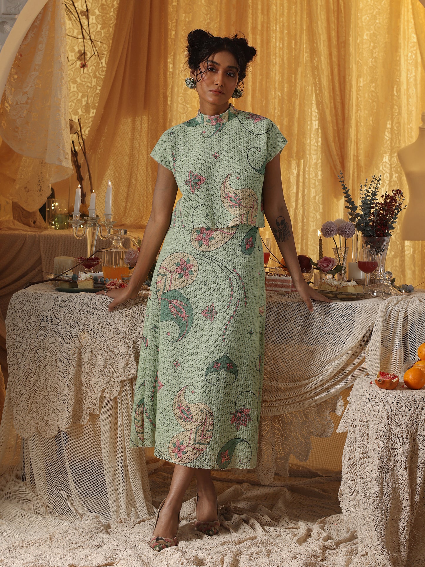 Mint Green Cotton Net Skirt Top Set