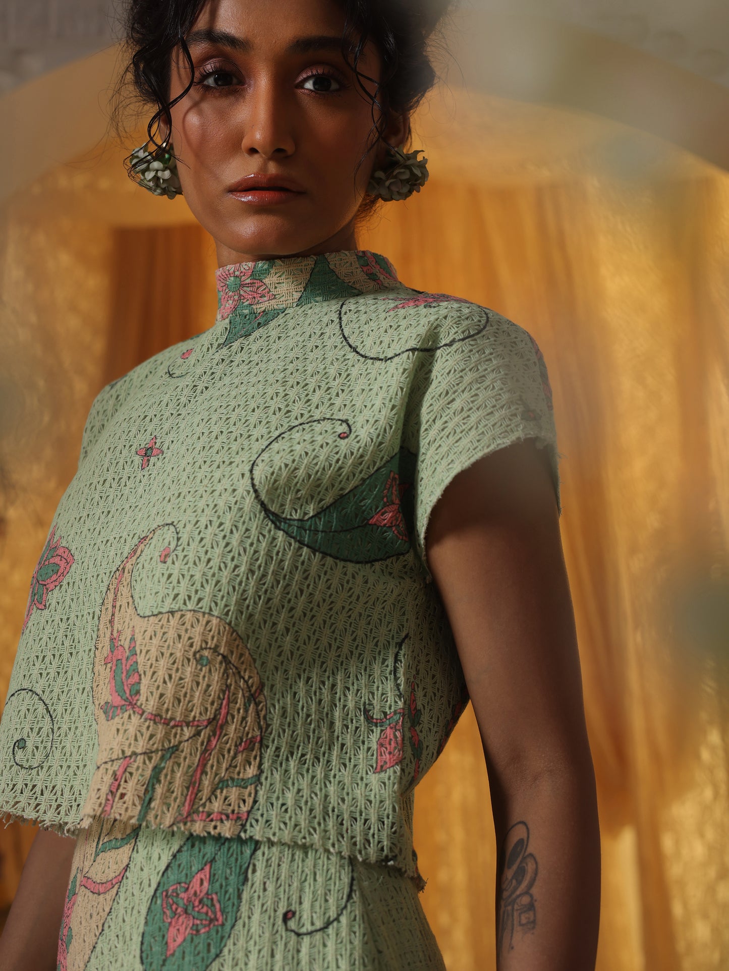 Mint Green Cotton Net Skirt Top Set