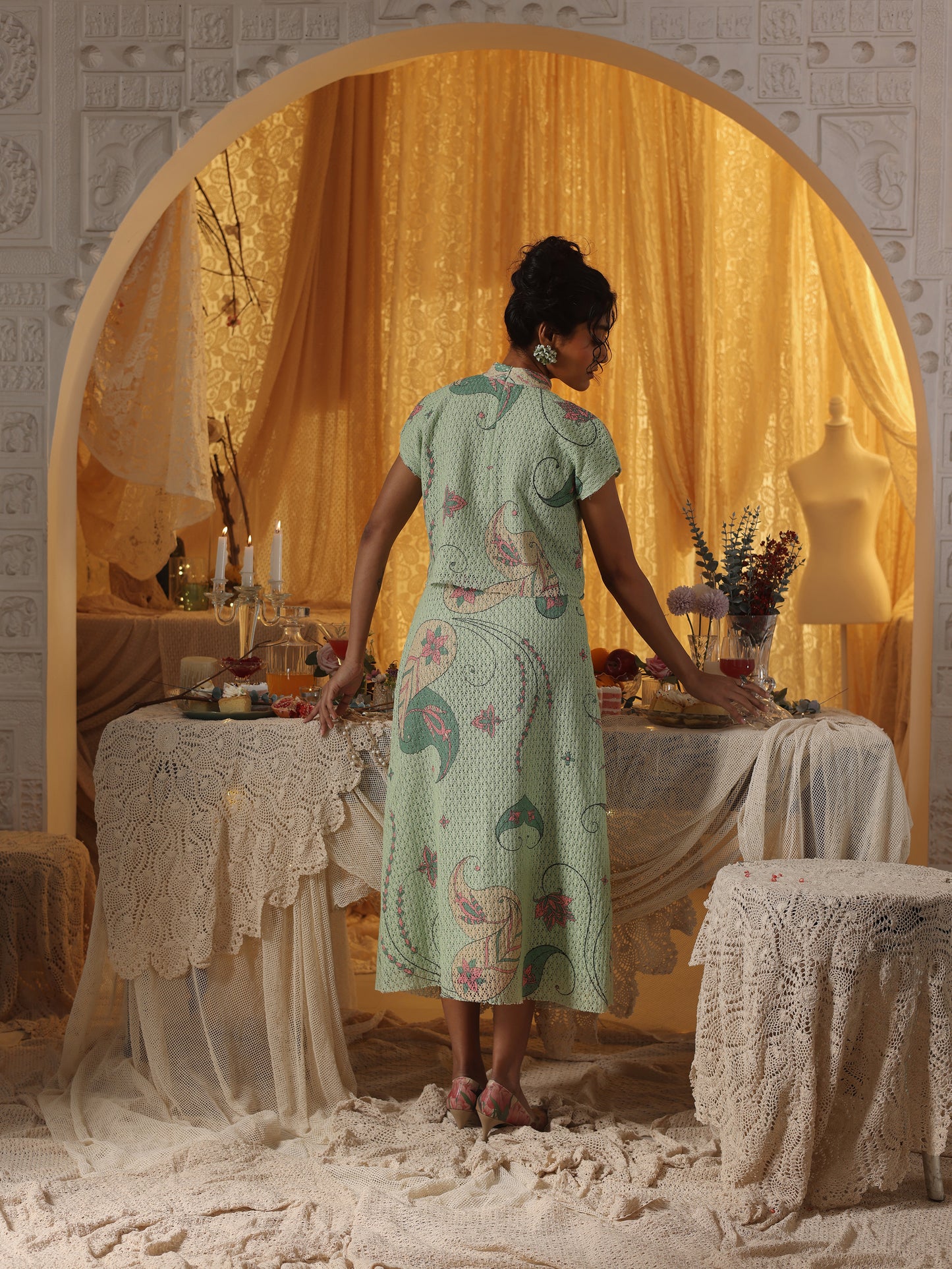 Mint Green Cotton Net Skirt Top Set