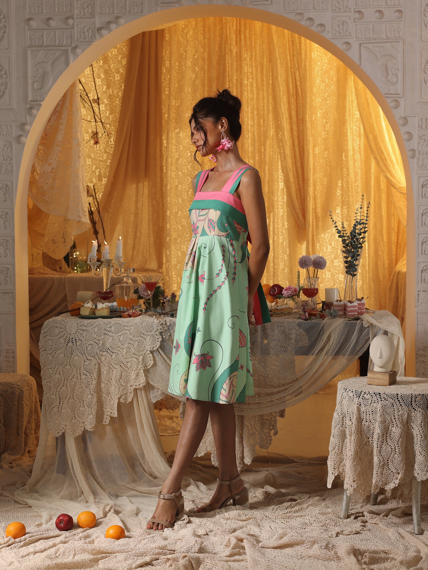 Mint Paisley Short Dress  with Back Tie-Up
