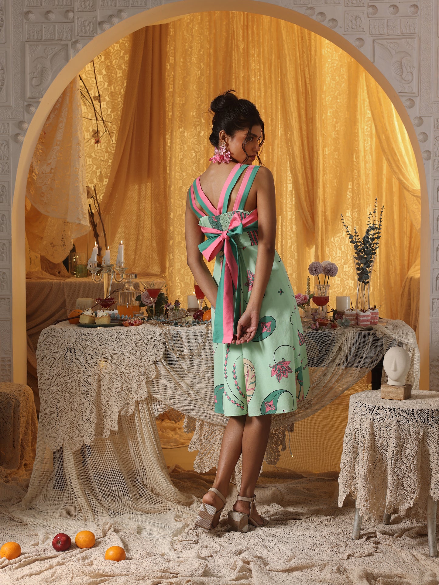 Mint Paisley Short Dress  with Back Tie-Up