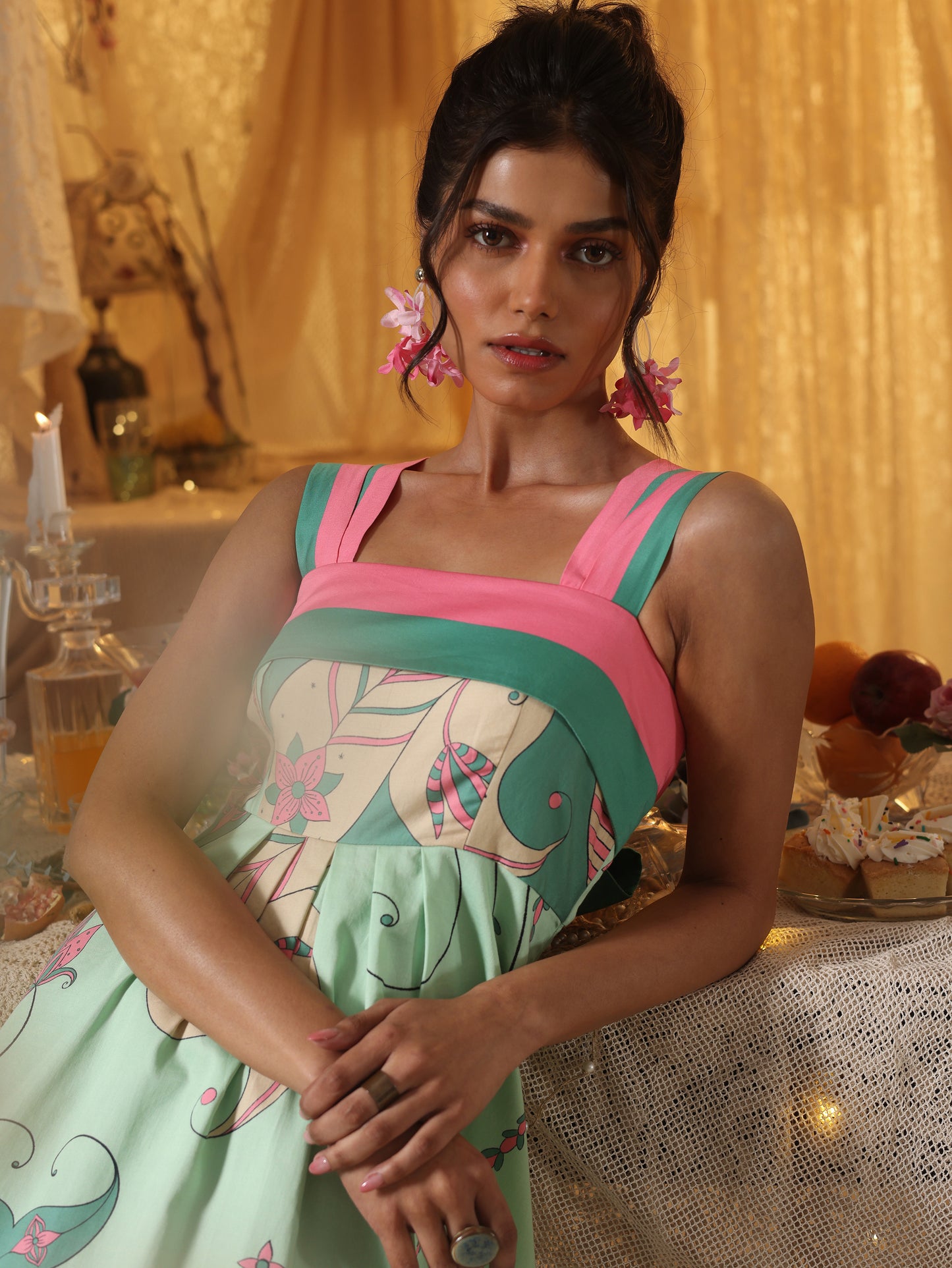 Mint Paisley Short Dress  with Back Tie-Up
