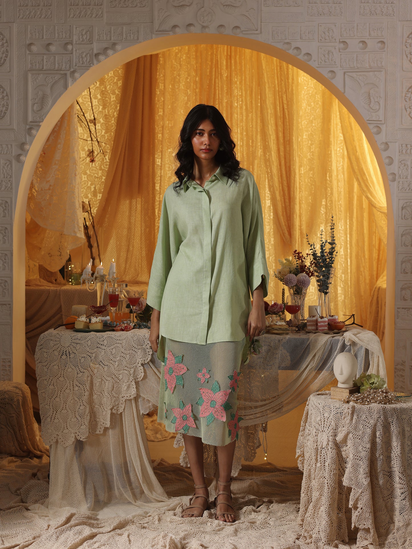 Mint green Floral applique Skirt