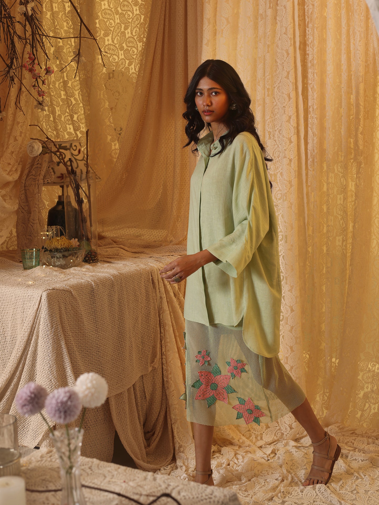 Mint Green Linen Shirt and Floral applique Skirt Set