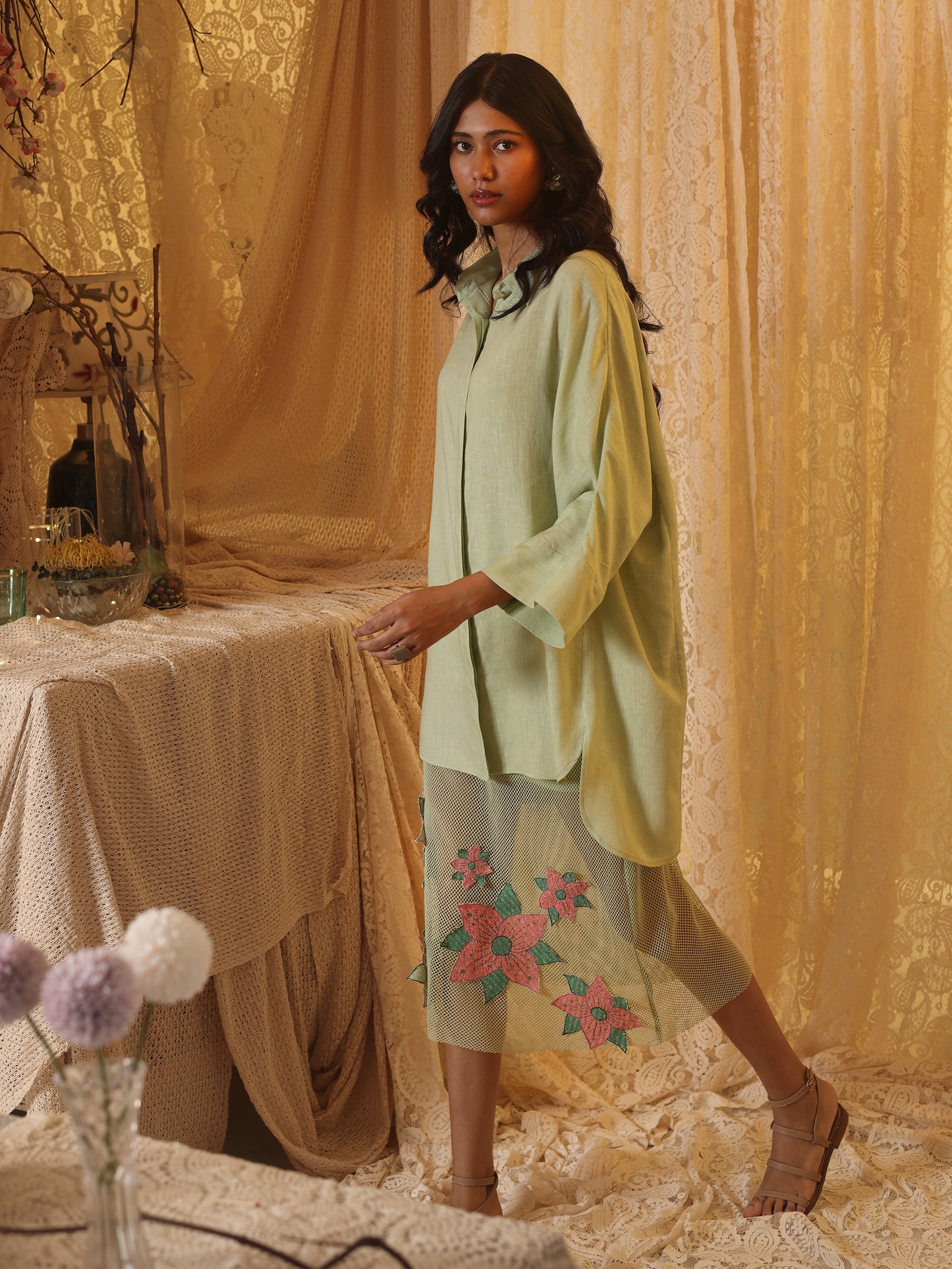 Mint green Floral applique Skirt