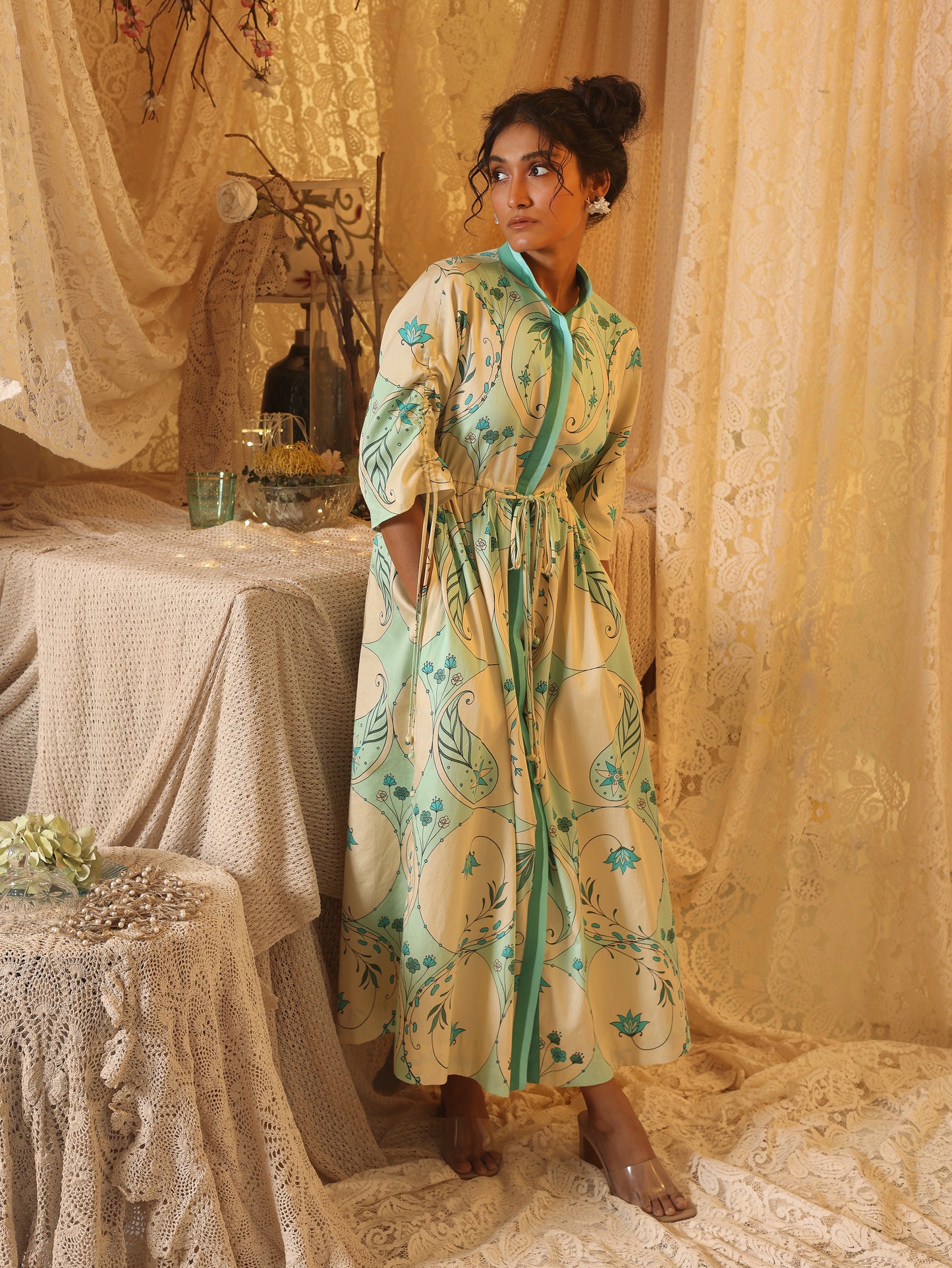 Mint Circle Print Drawstring Dress