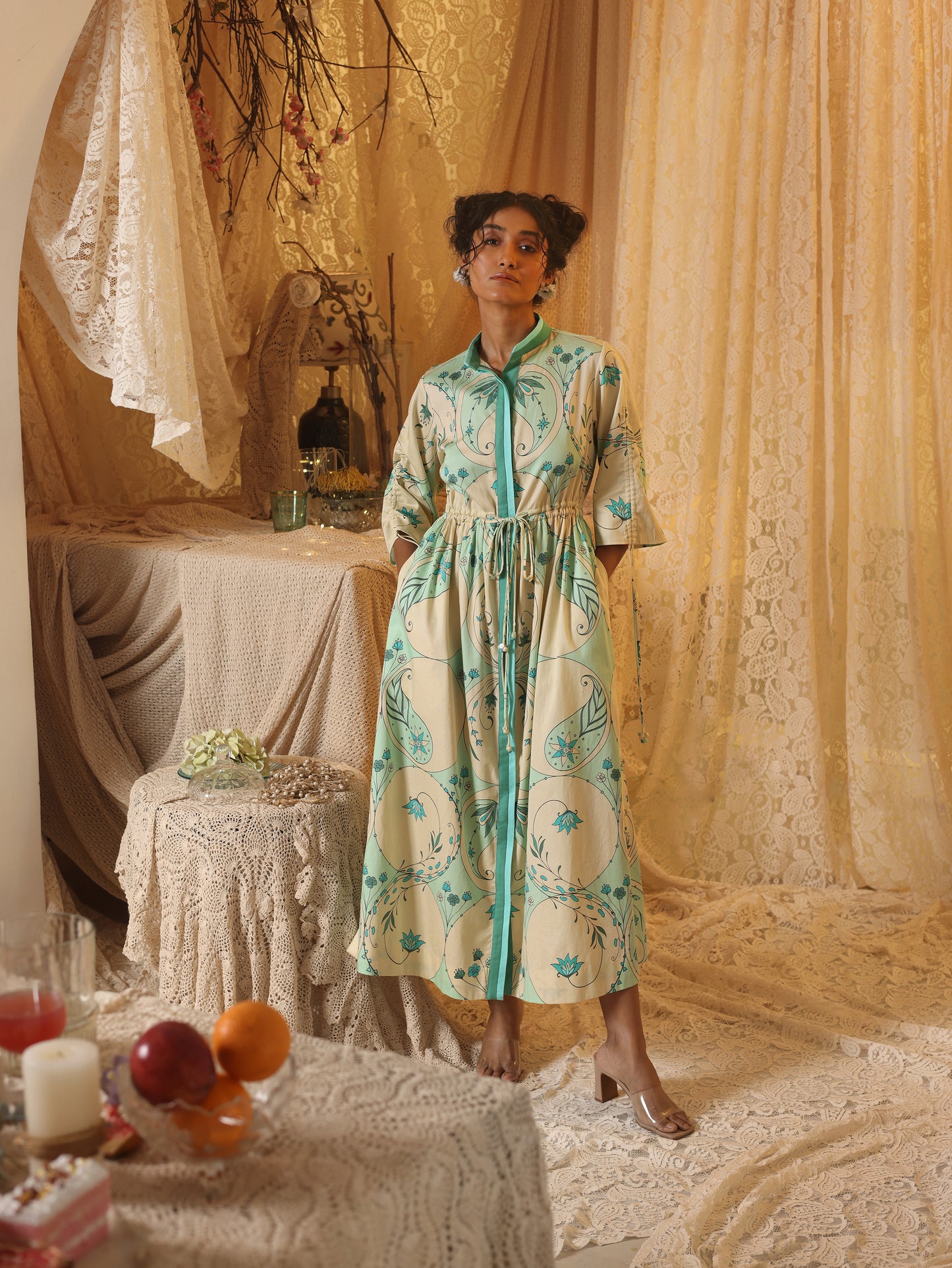 Mint Circle Print Drawstring Dress