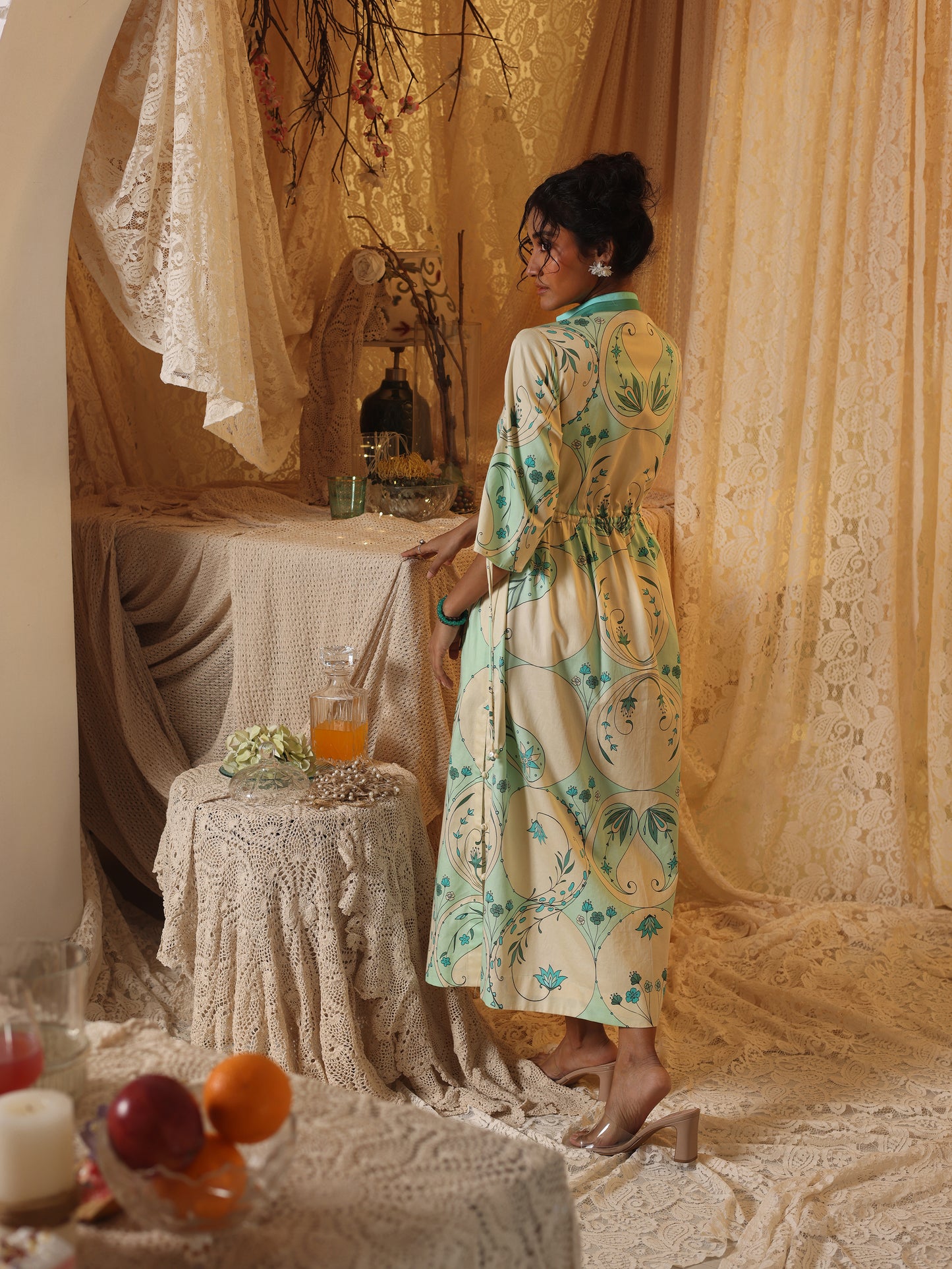 Mint Circle Print Drawstring Dress