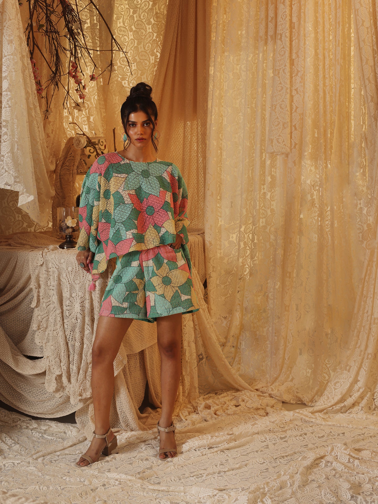 Big Floral Cotton Net Kaftan Top