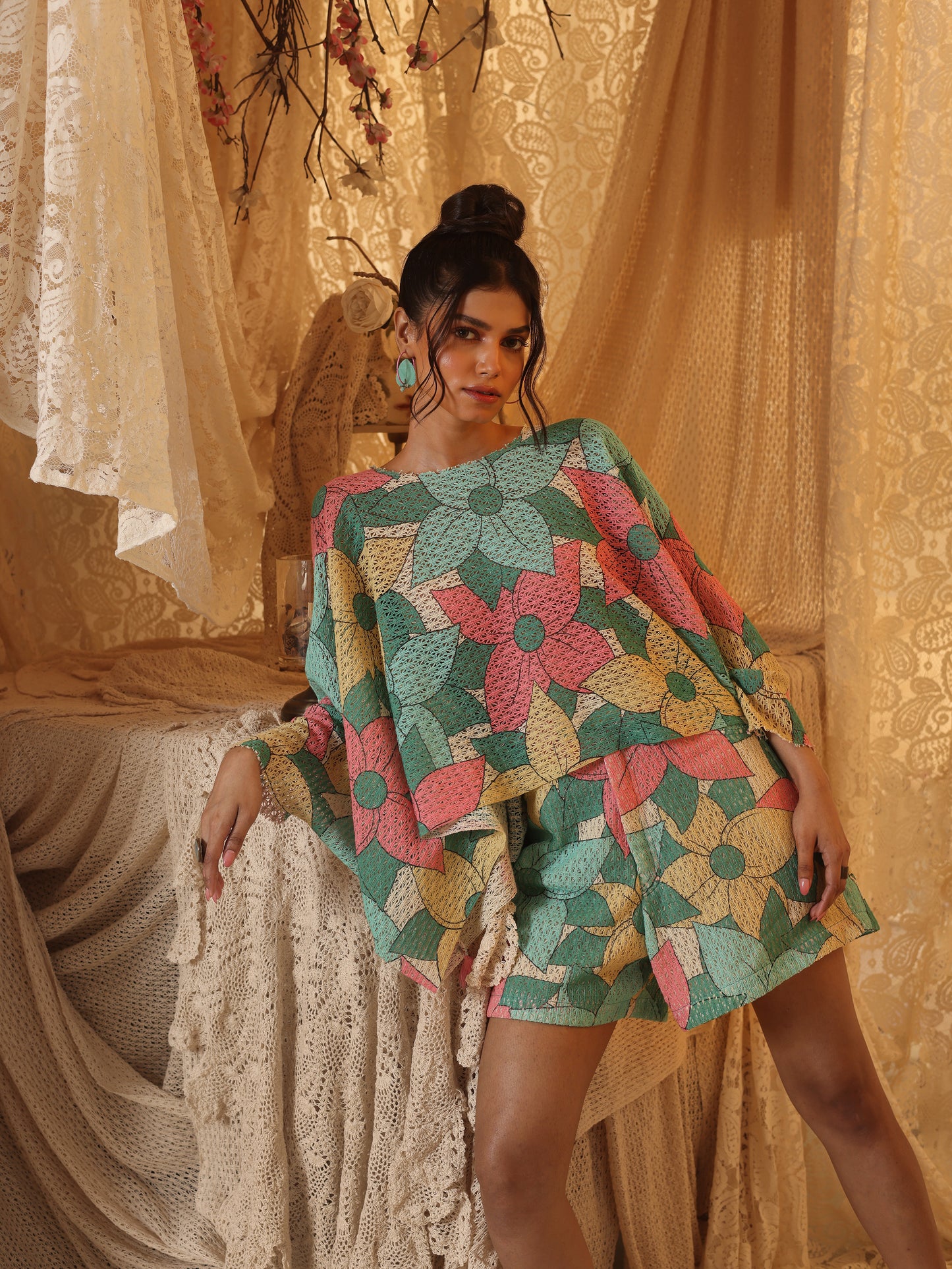 Big Floral Kaftan Top and  Shorts Set