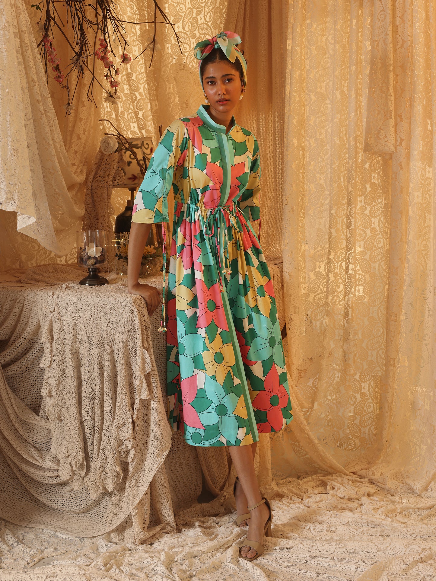 Big Floral Allover  Drawstring Dress