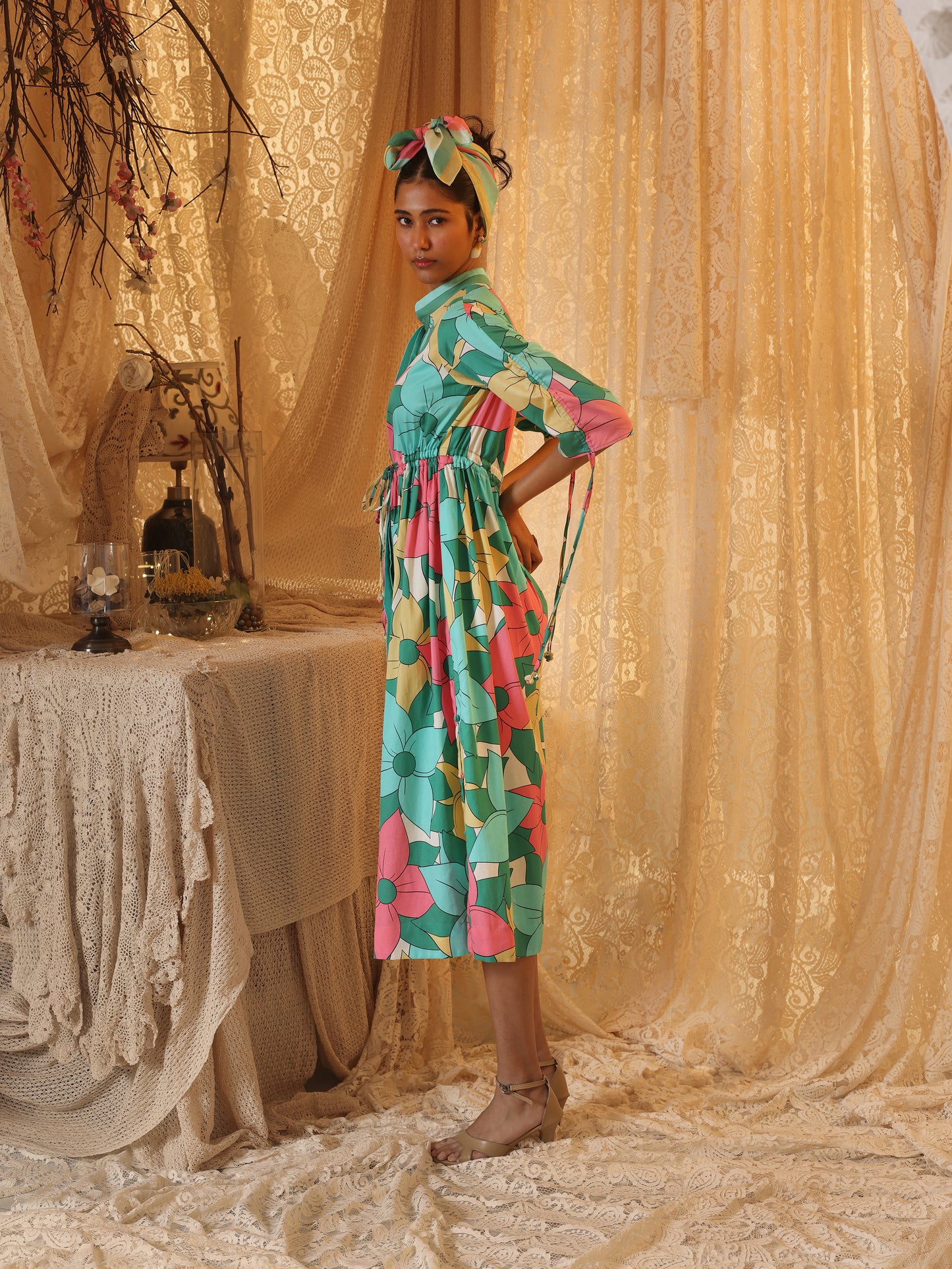 Big Floral Allover  Drawstring Dress