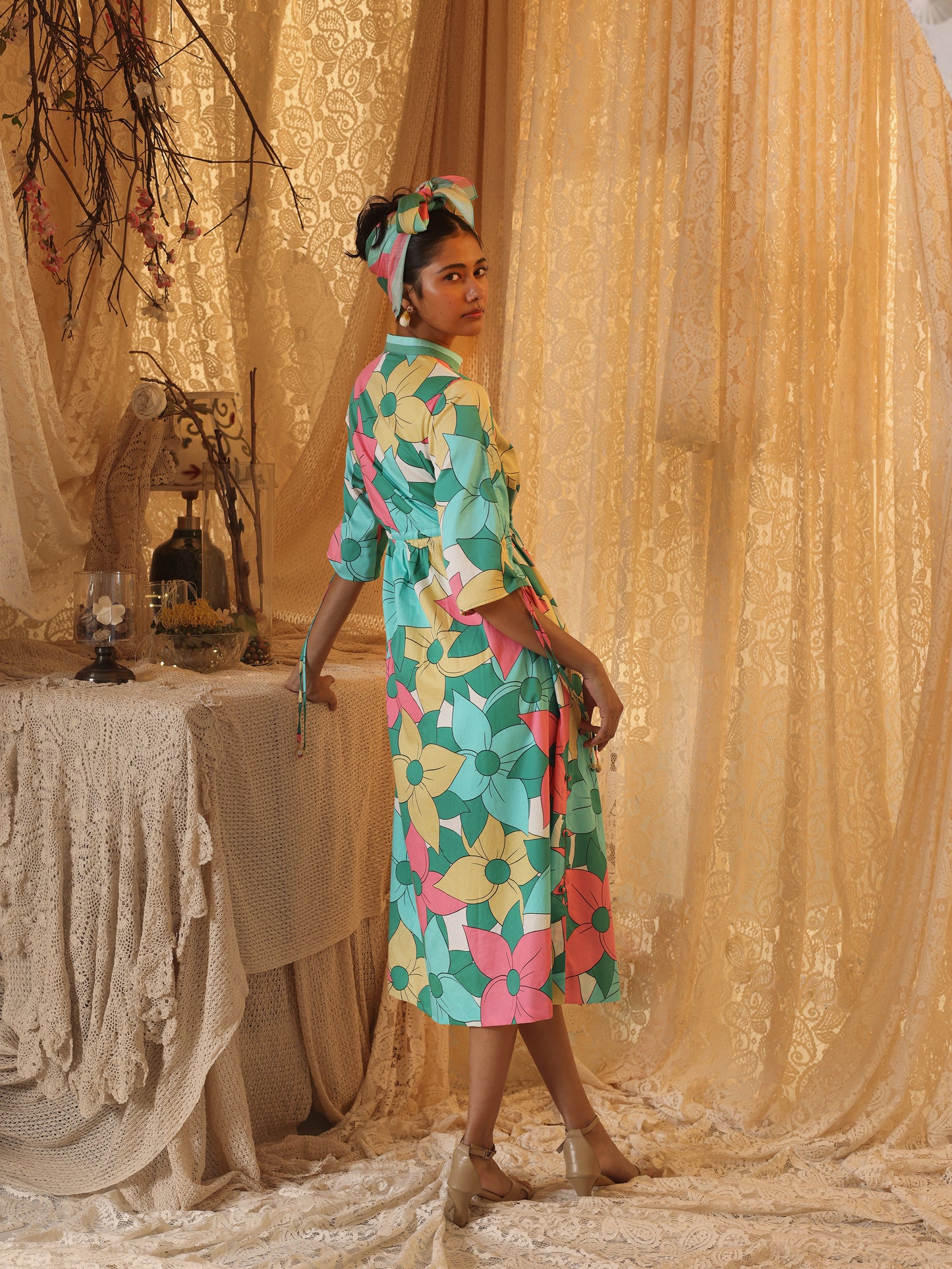 Big Floral Allover  Drawstring Dress