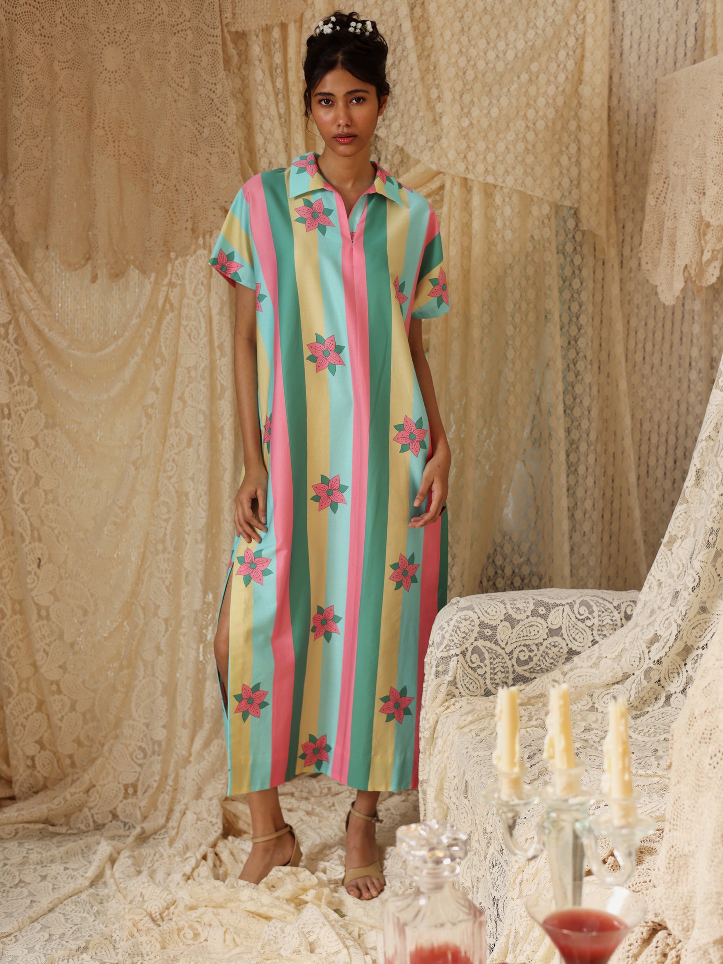 Multicolor Stripe Kaftan  Dress