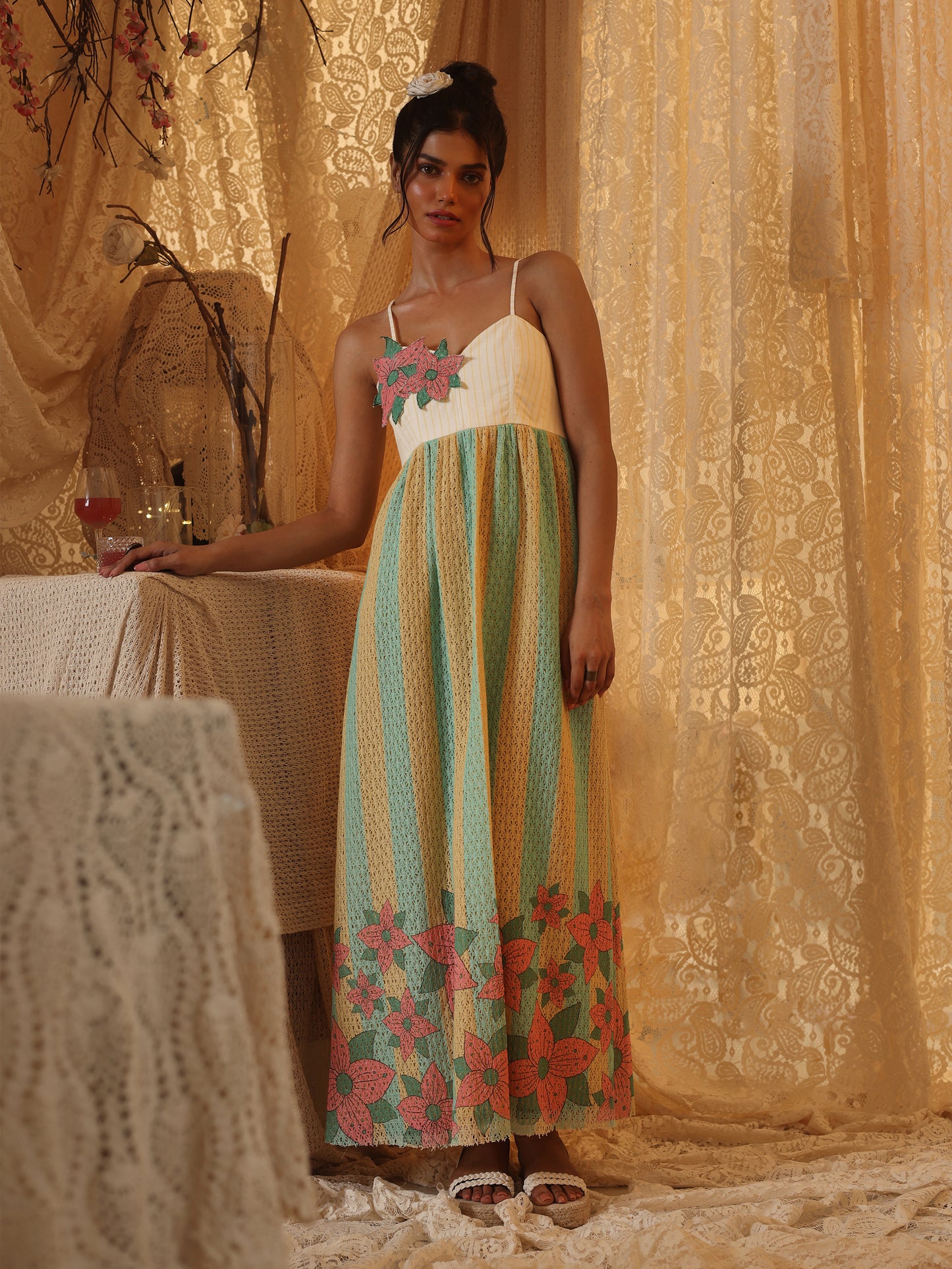 Yellow Blue Stripe  Spaghetti Dress