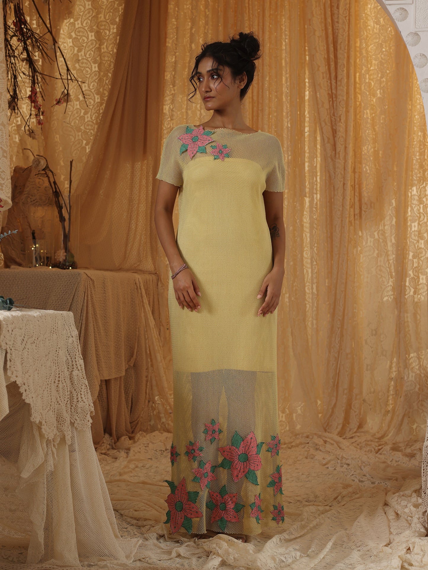 Yellow Cotton Net Applique Dress