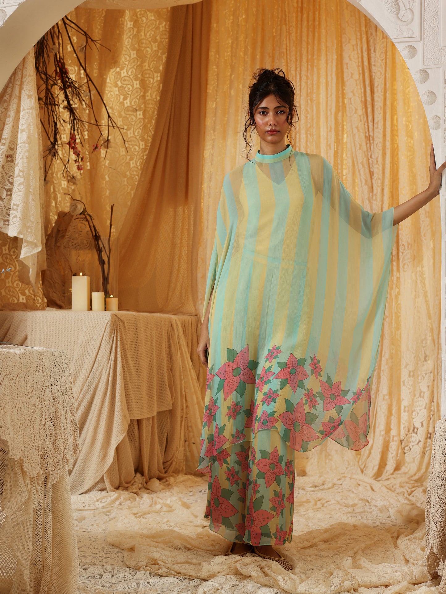 Yellow Blue Stripe Chiffon Batwing Top