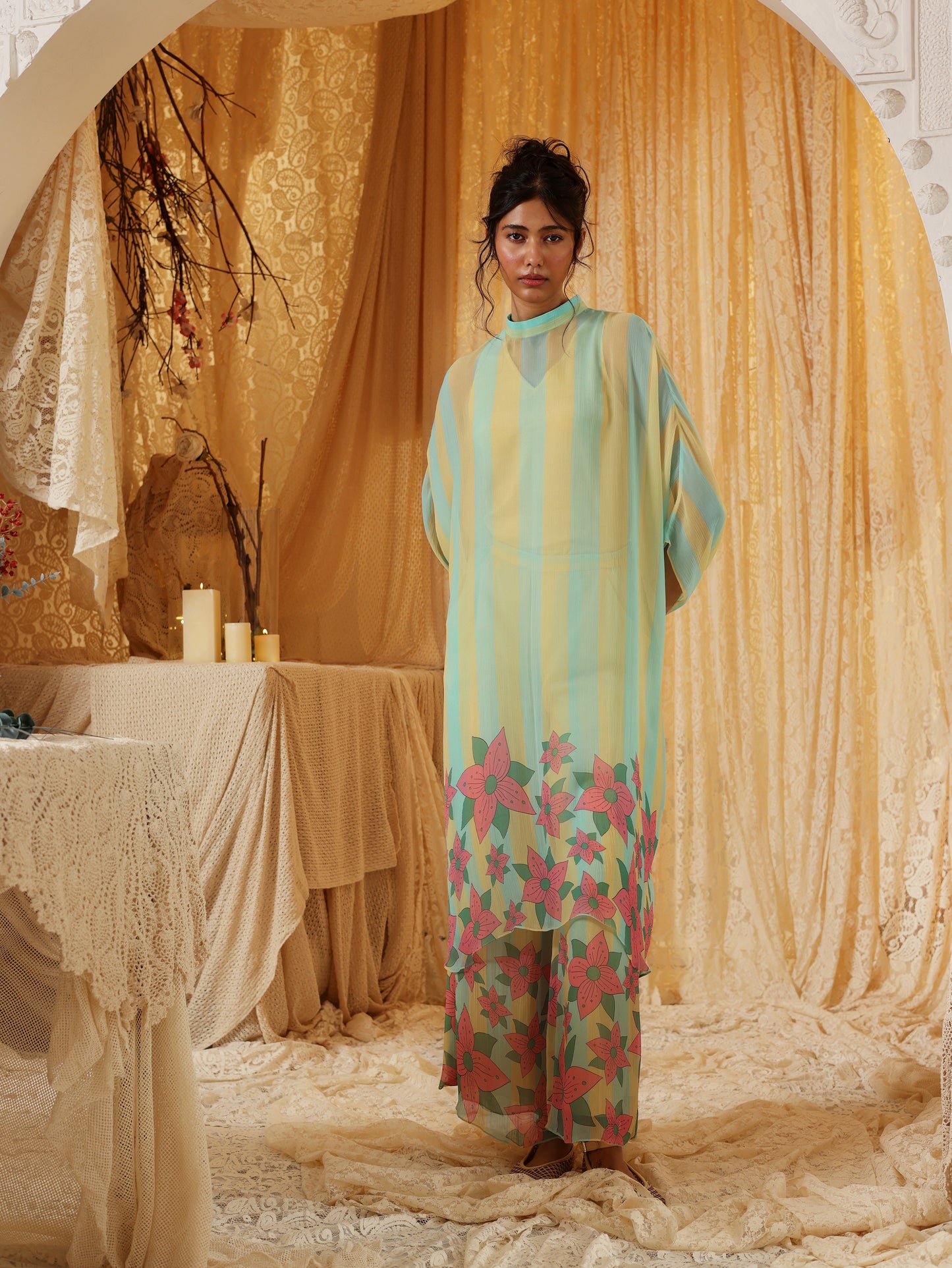 Yellow Blue Stripe Chiffon Pants