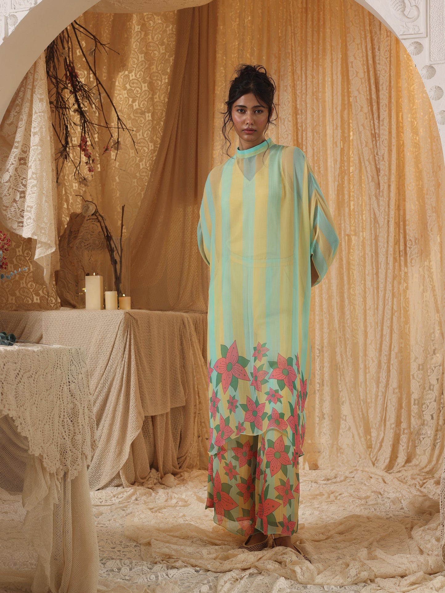Yellow Blue Stripe  Batwing Top and Pant Set