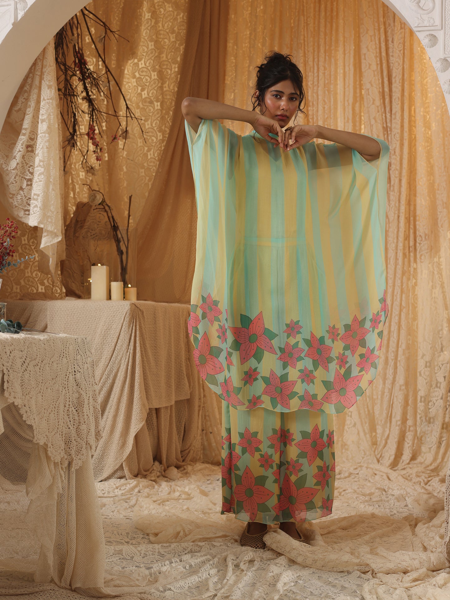 Yellow Blue Stripe  Batwing Top and Pant Set