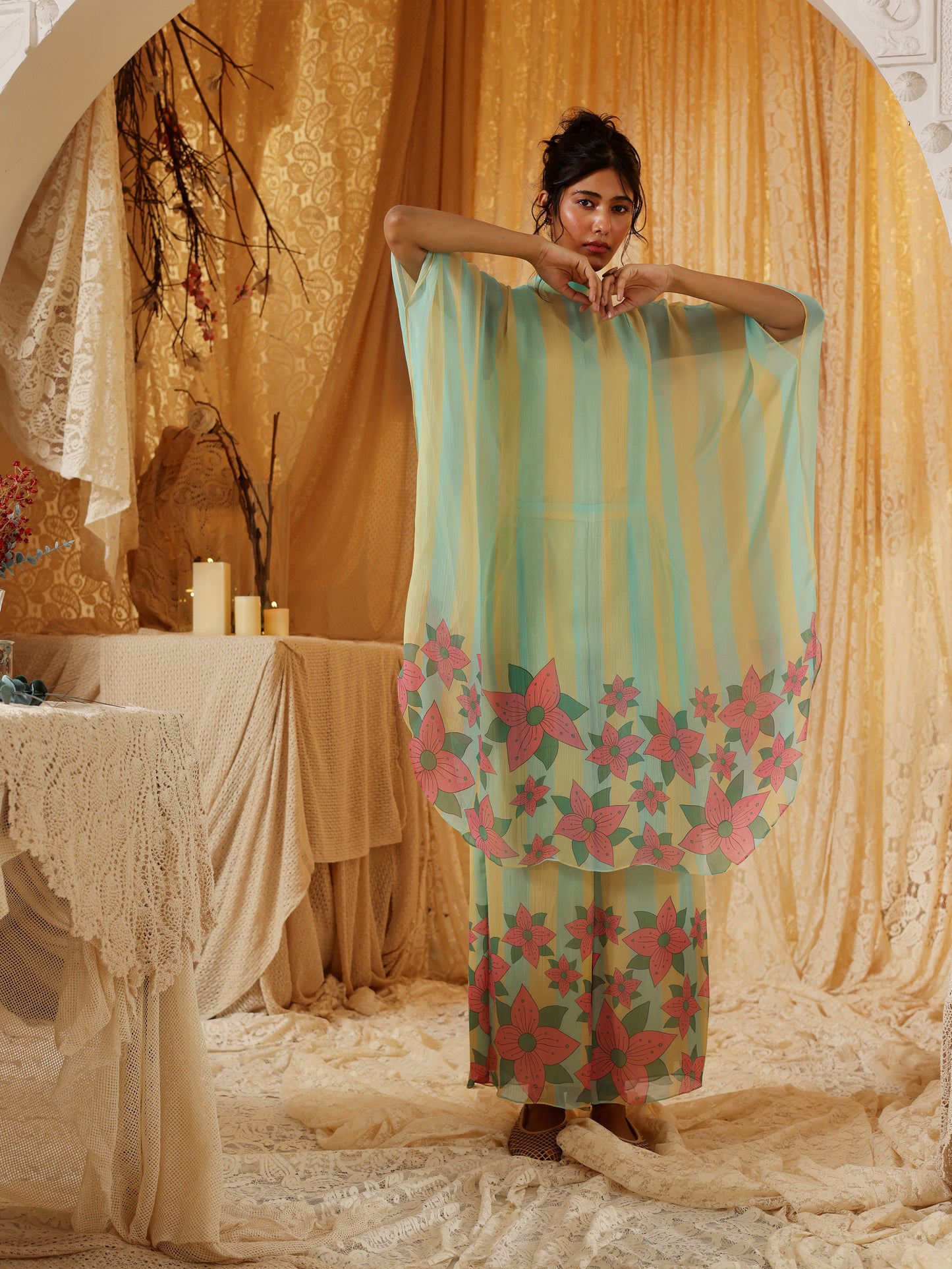 Yellow Blue Stripe Chiffon Batwing Top