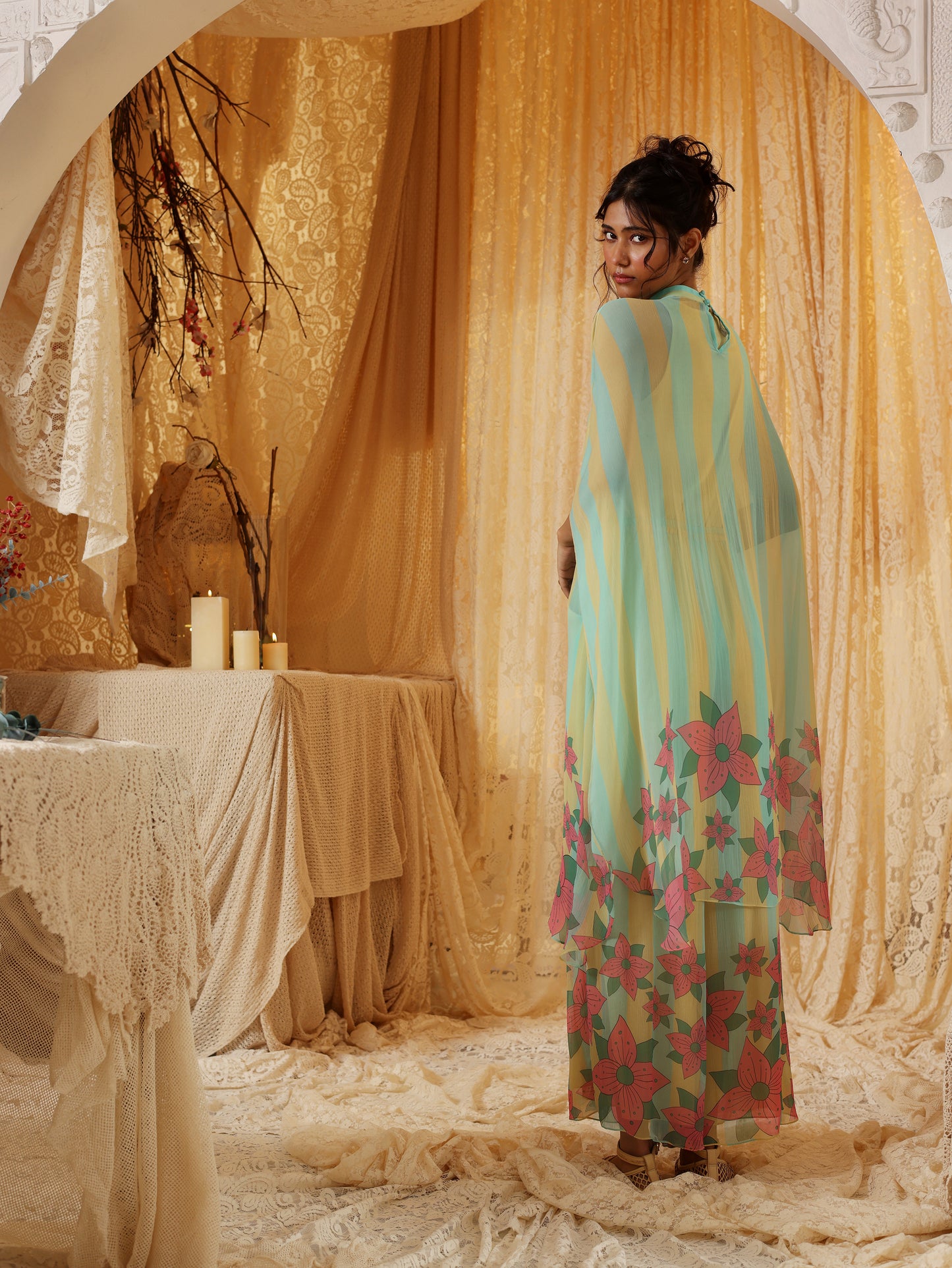 Yellow Blue Stripe Chiffon Pants