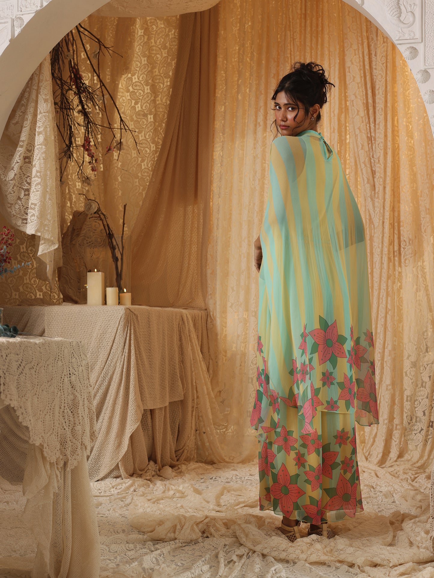 Yellow Blue Stripe  Batwing Top and Pant Set