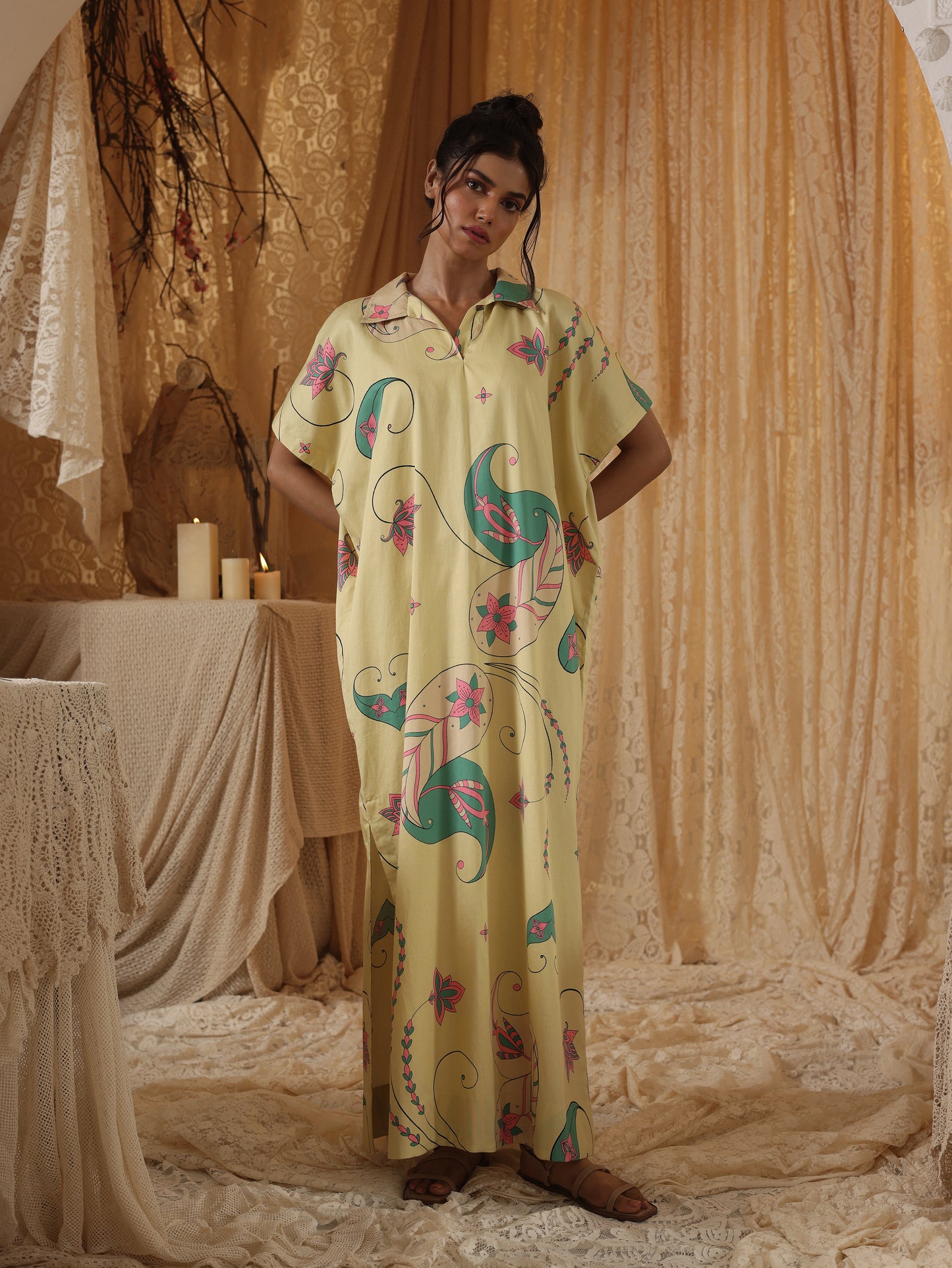 Yellow Paisley Kaftan Dress