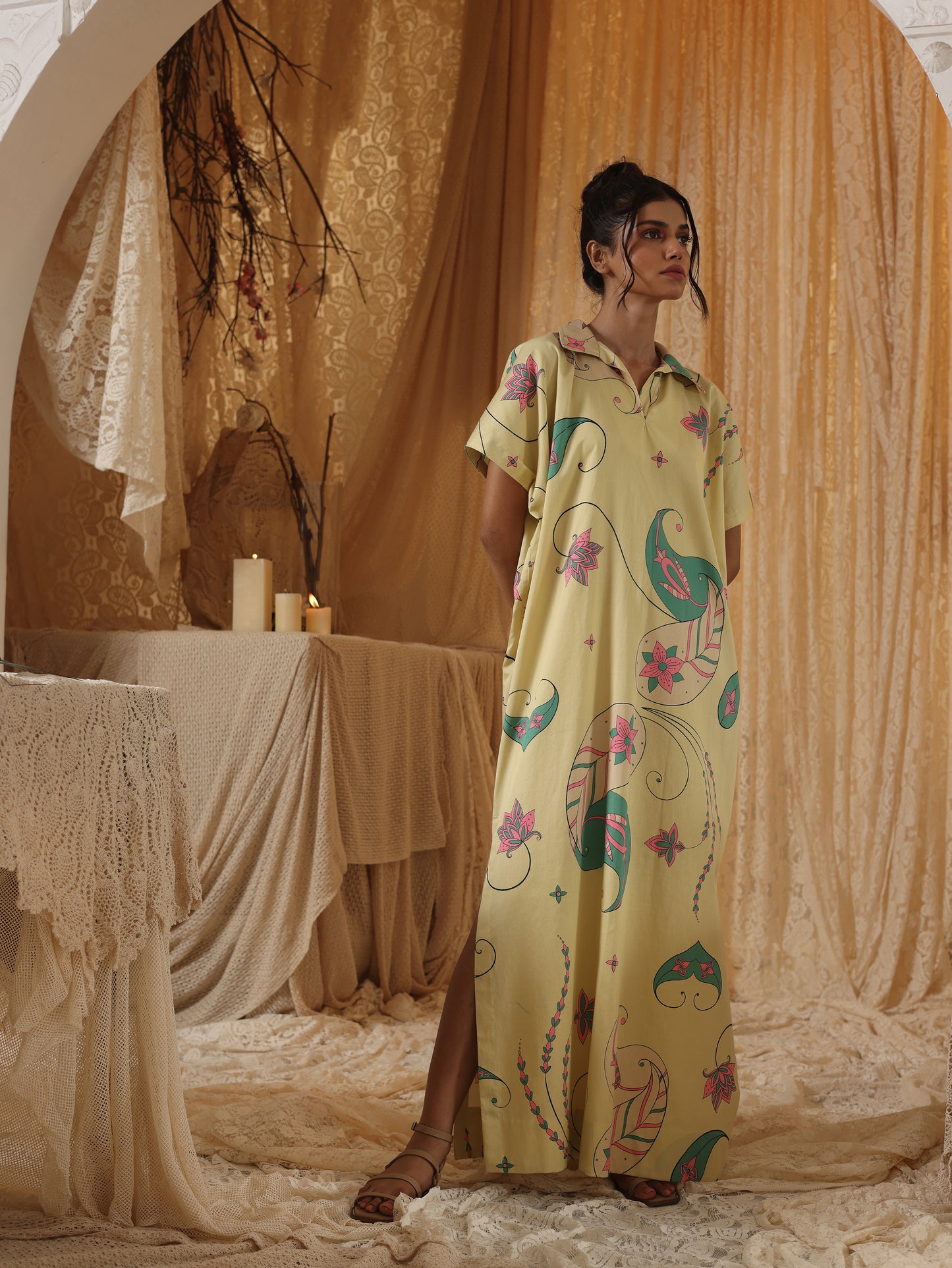 Yellow Paisley Kaftan Dress