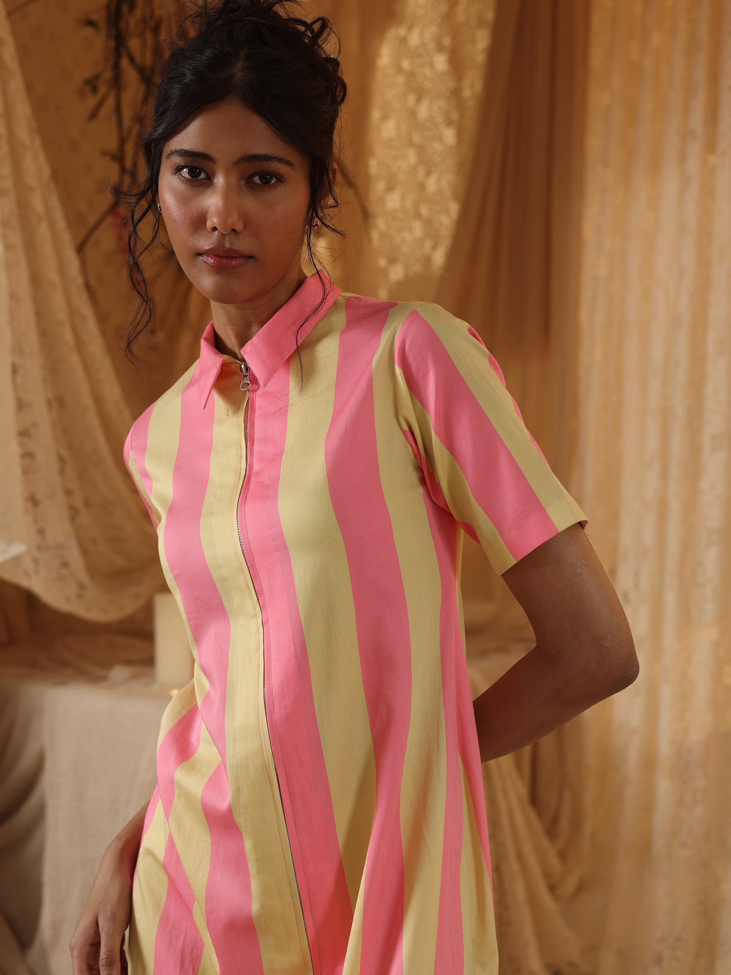 Yellow Pink Stripe Zipper Dress