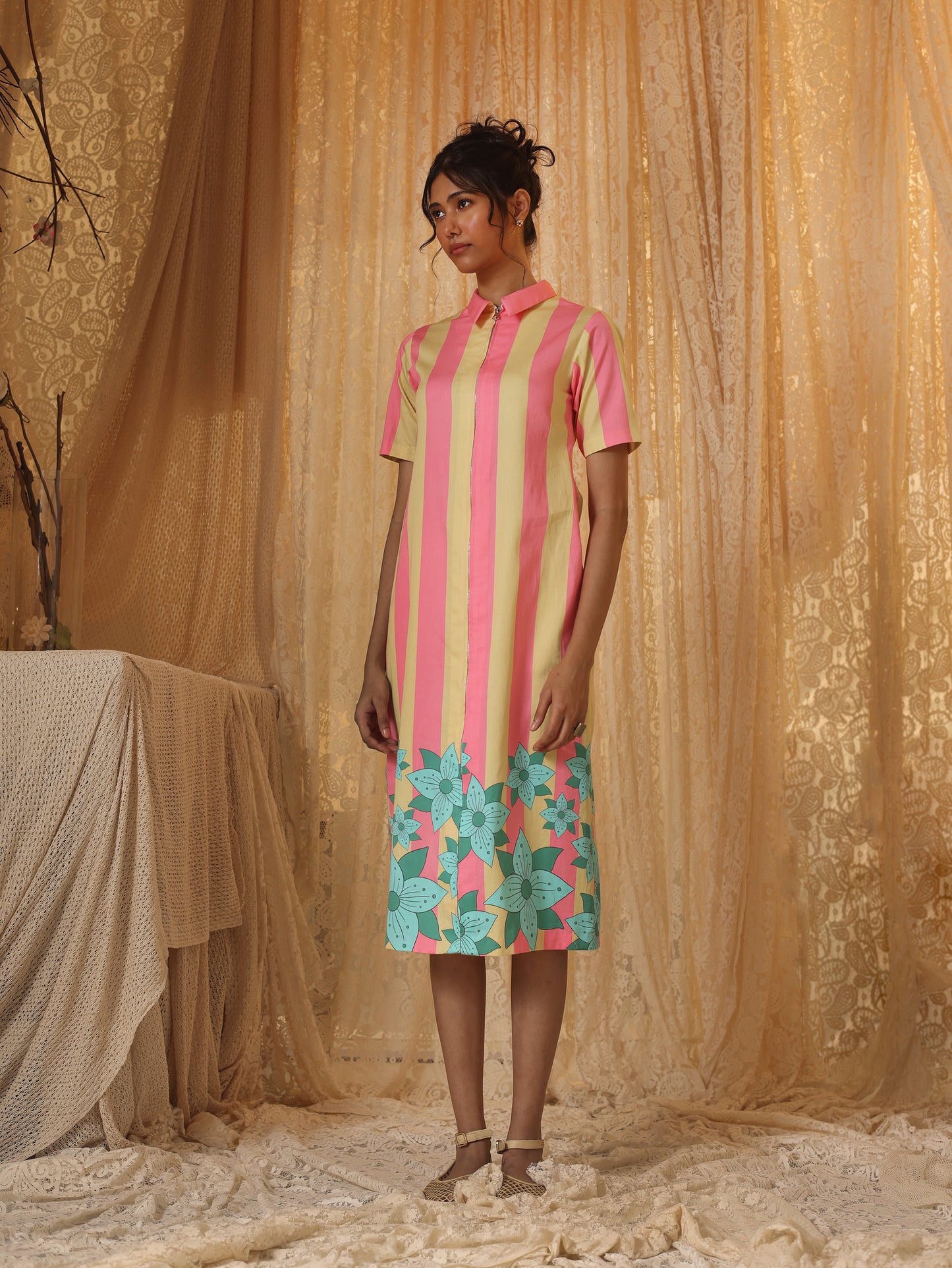 Yellow Pink Stripe Zipper Dress
