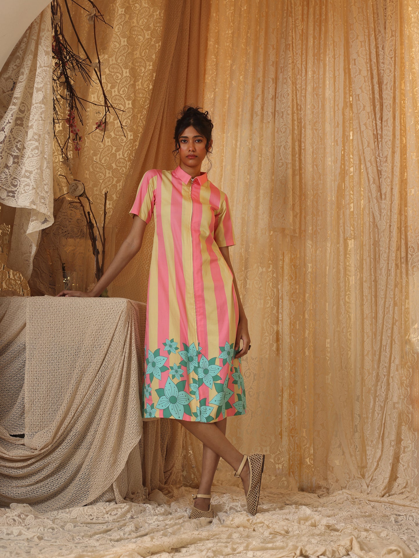 Yellow Pink Stripe Zipper Dress
