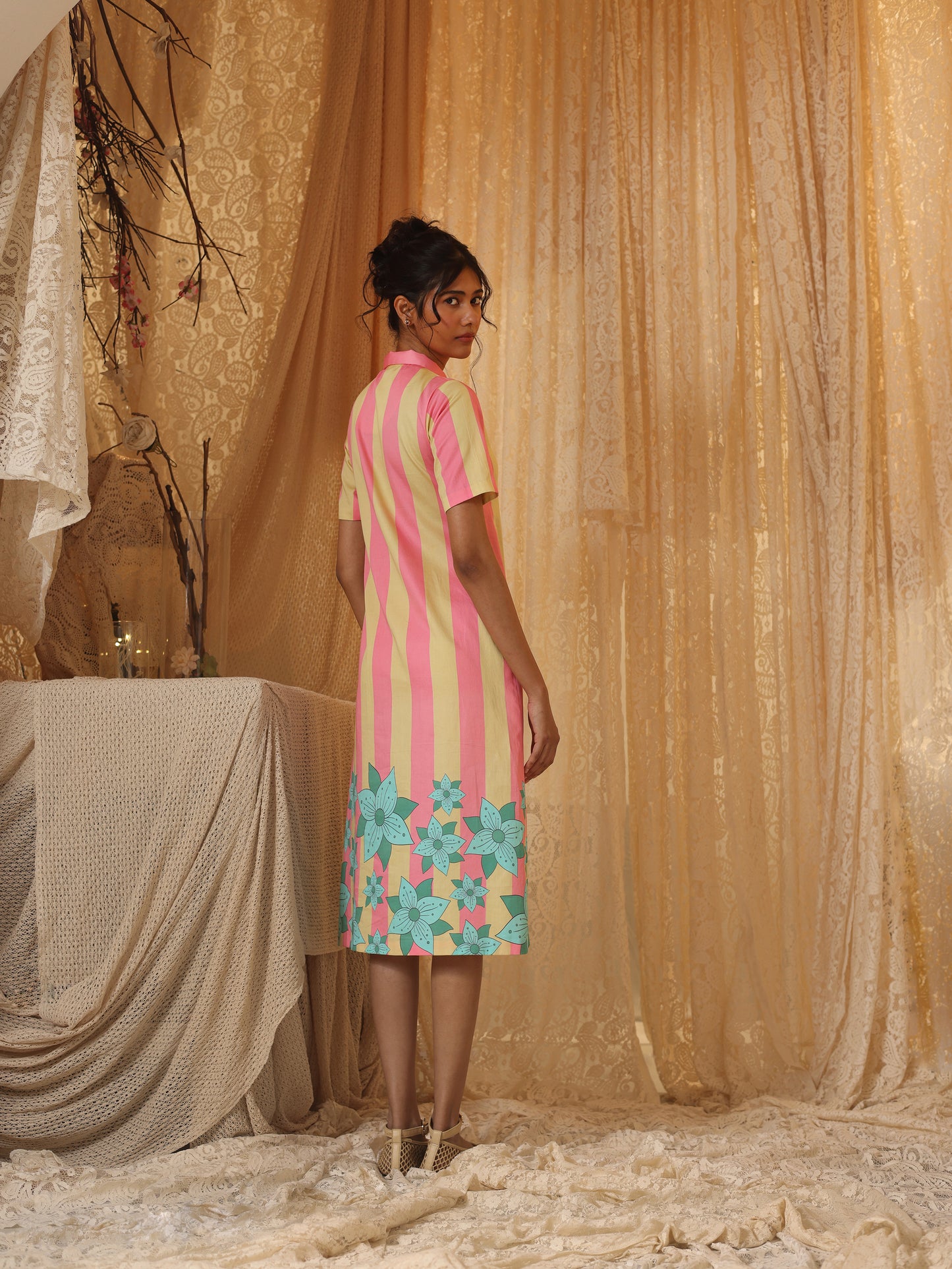 Yellow Pink Stripe Zipper Dress