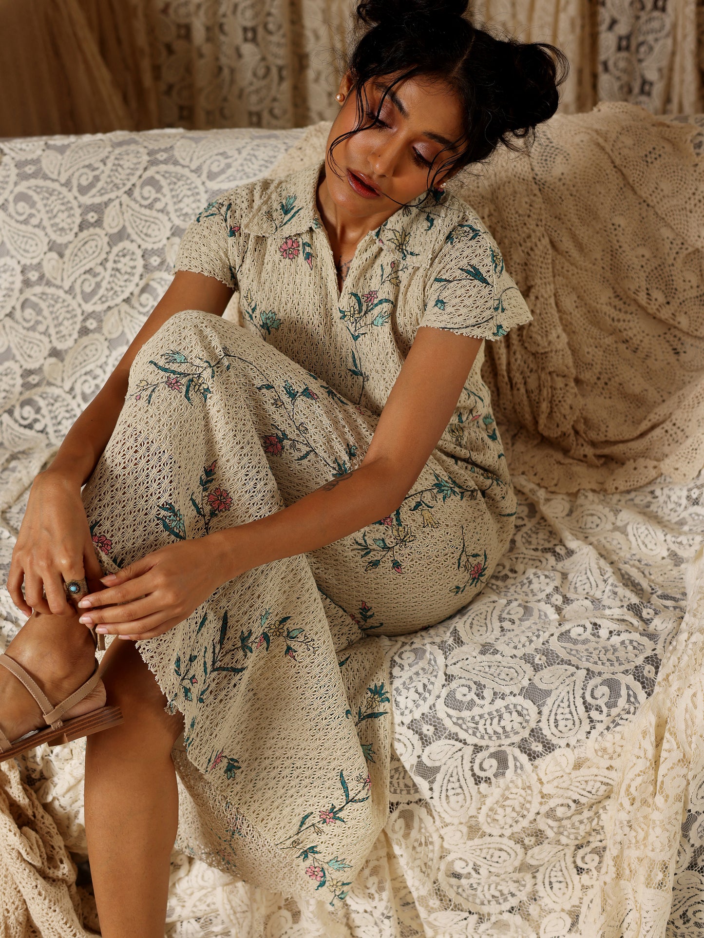 Beige Floral Cotton Net Collared Maxi