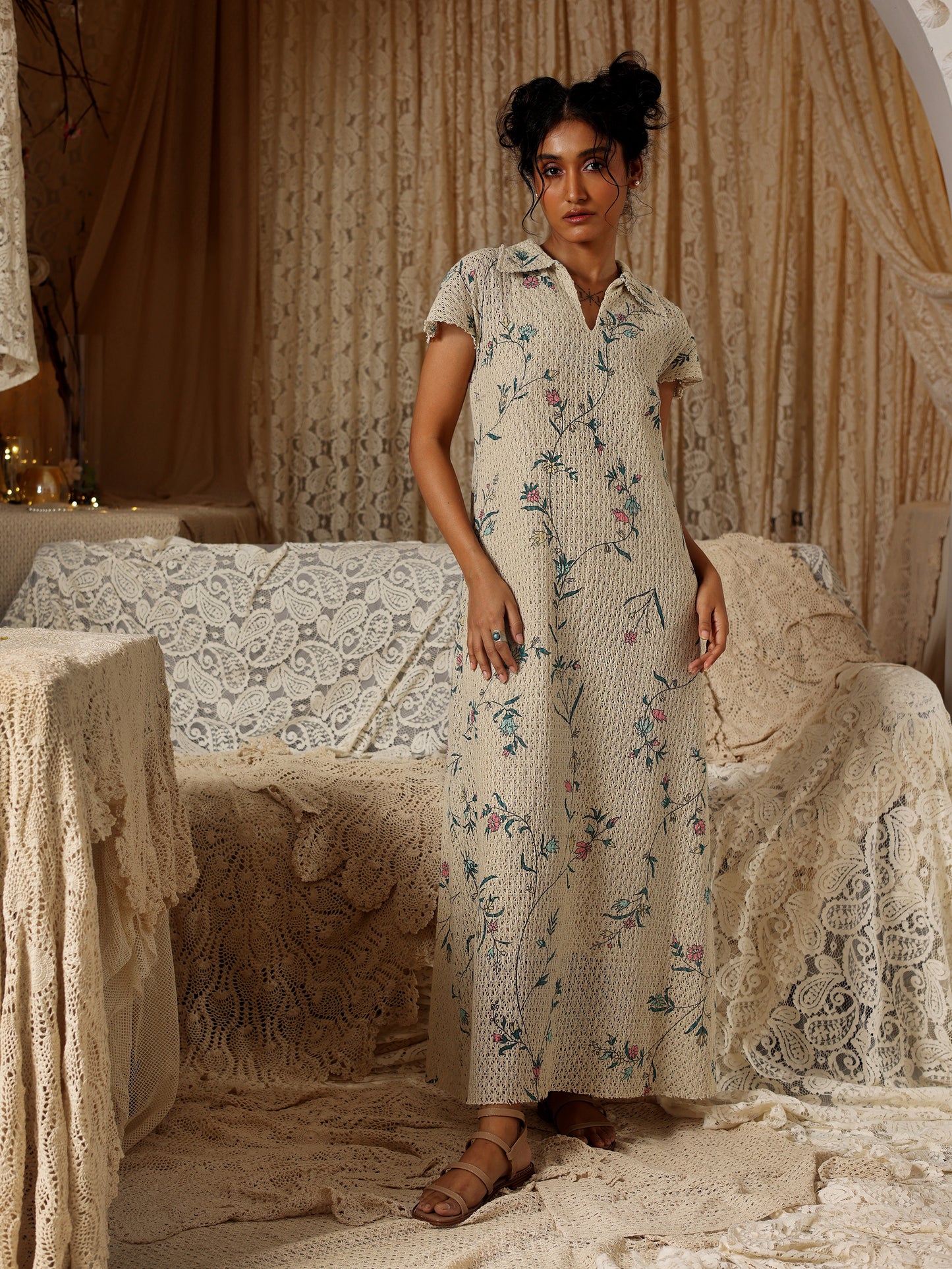 Beige Floral Cotton Net Collared Maxi