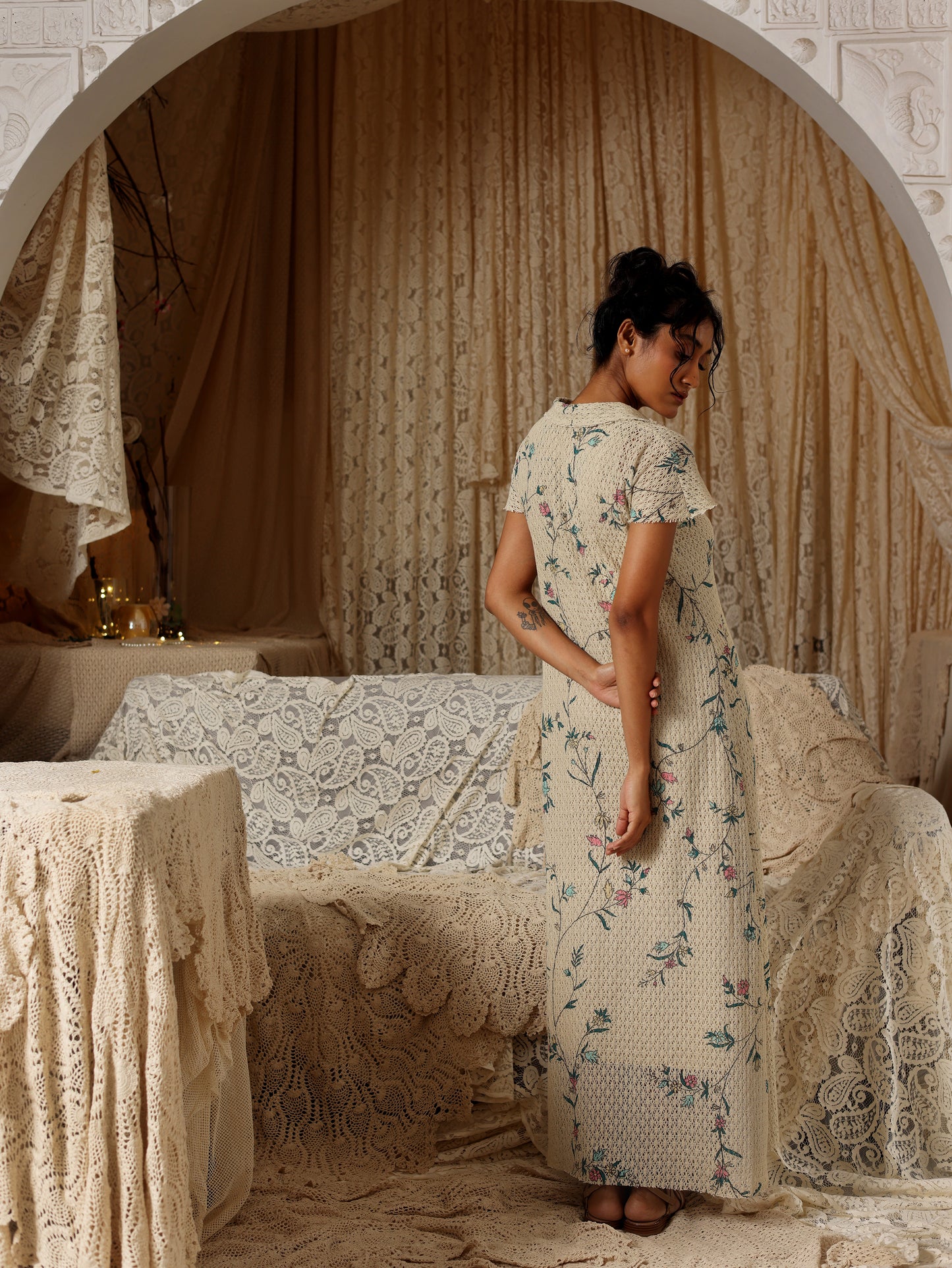 Beige Floral Cotton Net Collared Maxi