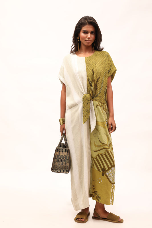 Olive Print & Stripe Knot Dress