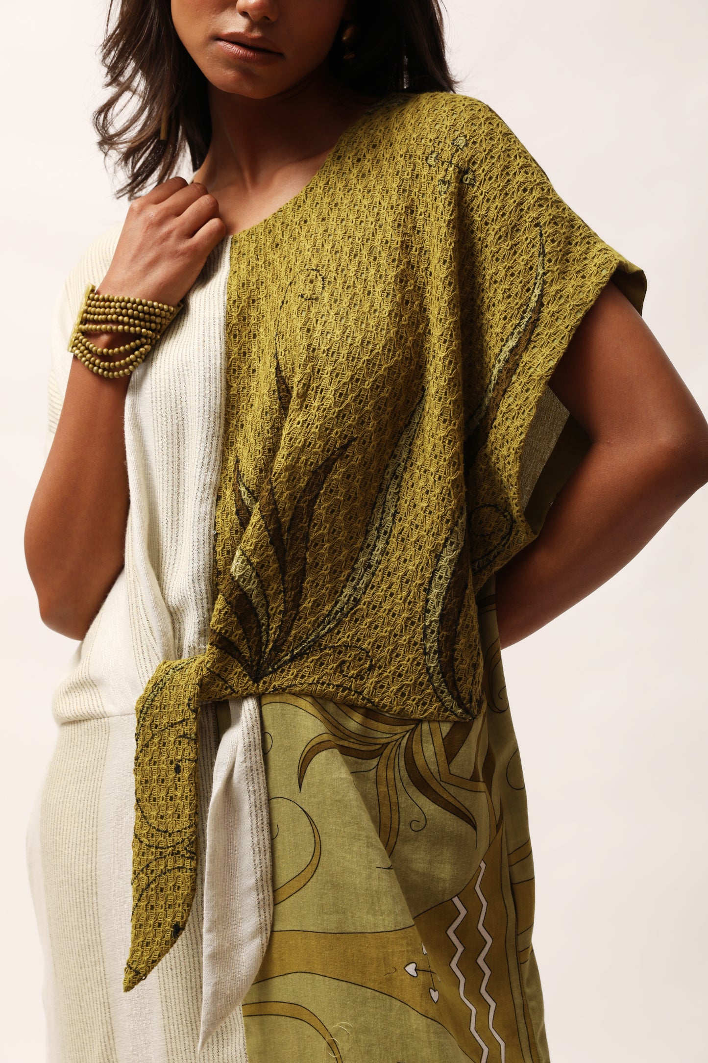 Olive Print & Stripe Knot Dress