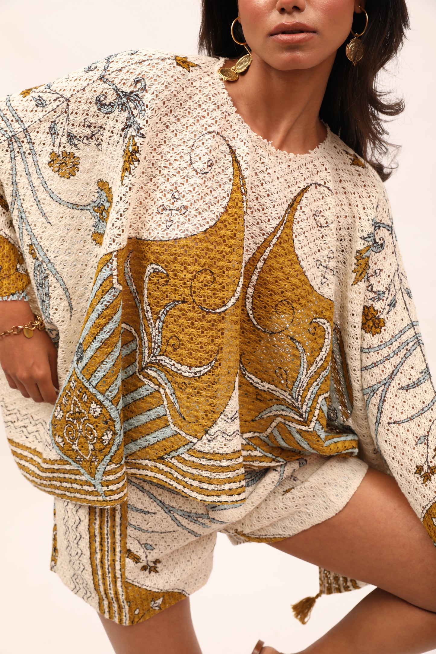 Ecru Cotton Net Kaftan Top