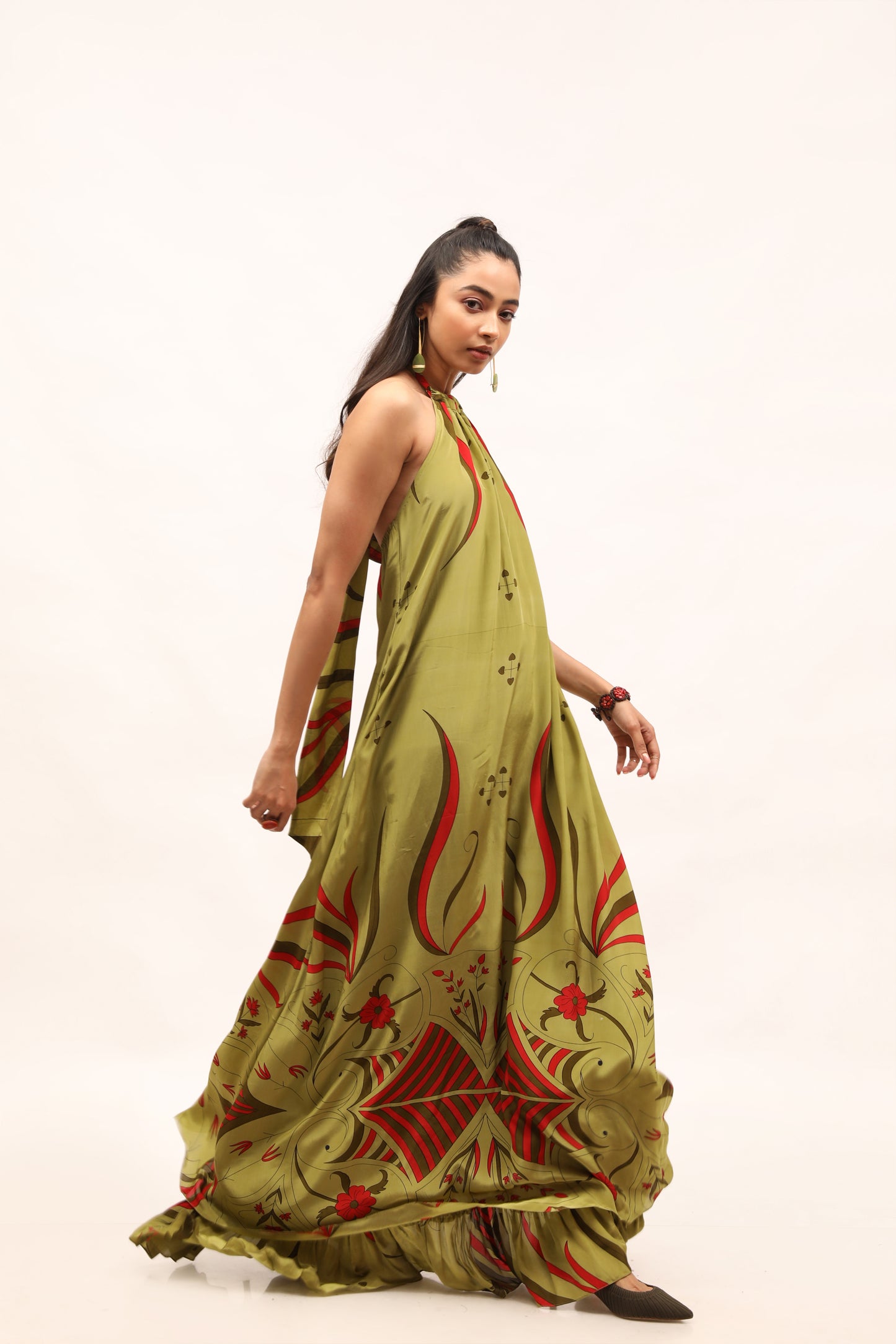 Olive Crepe Halter Maxi With Floral motifs
