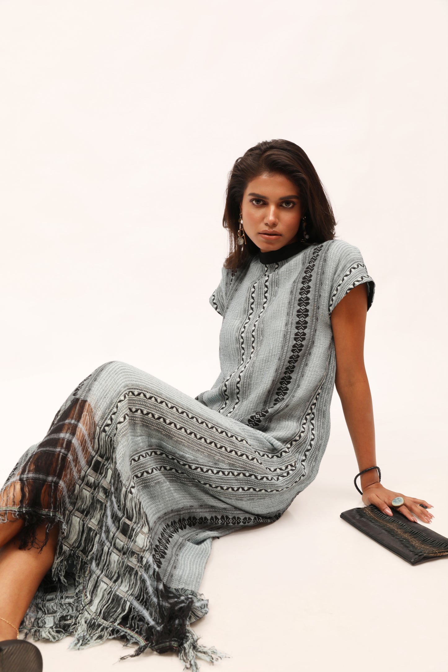 Blue Cotton Weave Long Fringe Dress