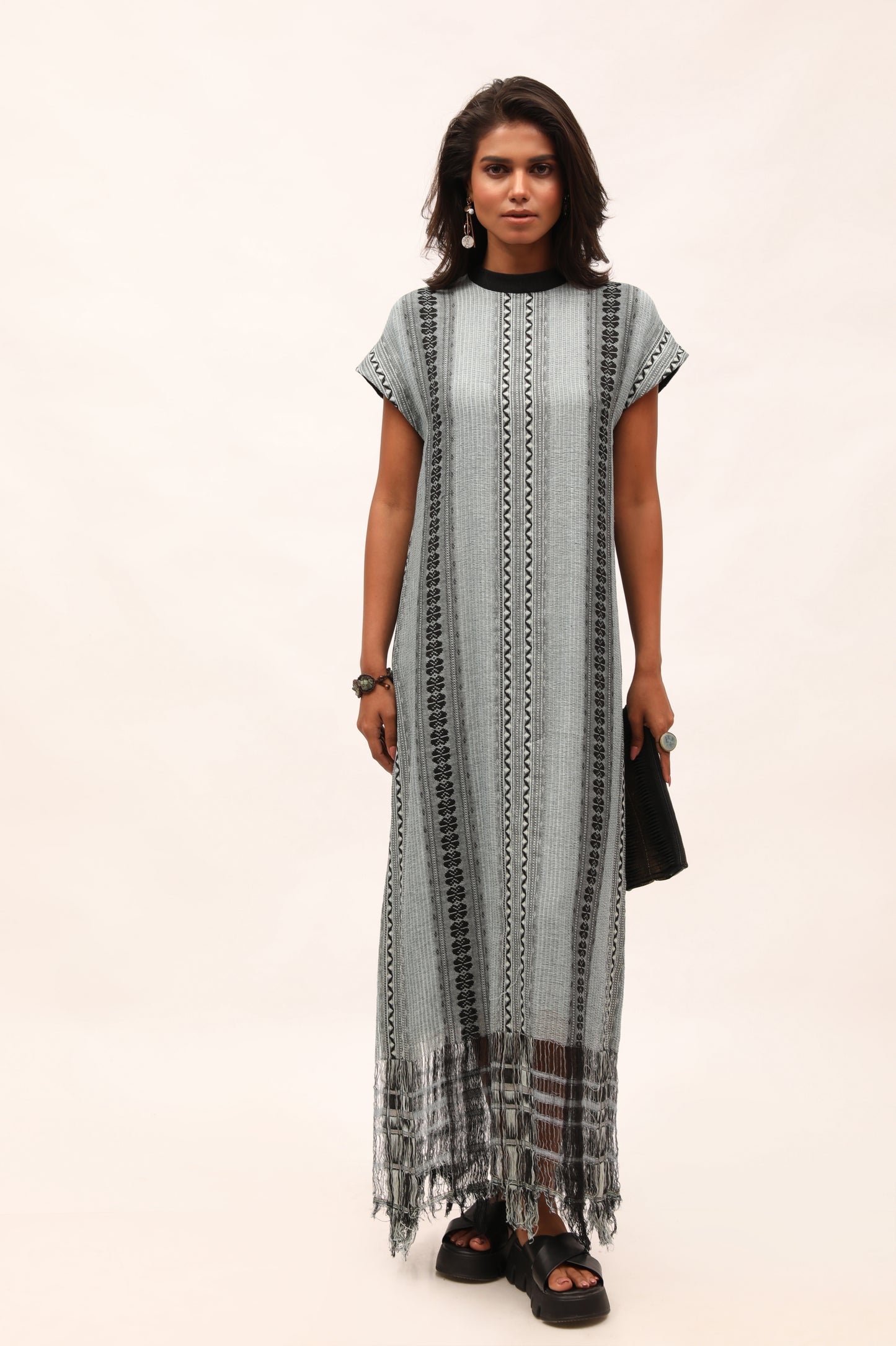 Blue Cotton Weave Long Fringe Dress
