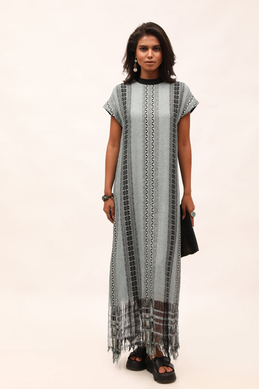 Blue Cotton Weave Long Fringe Dress