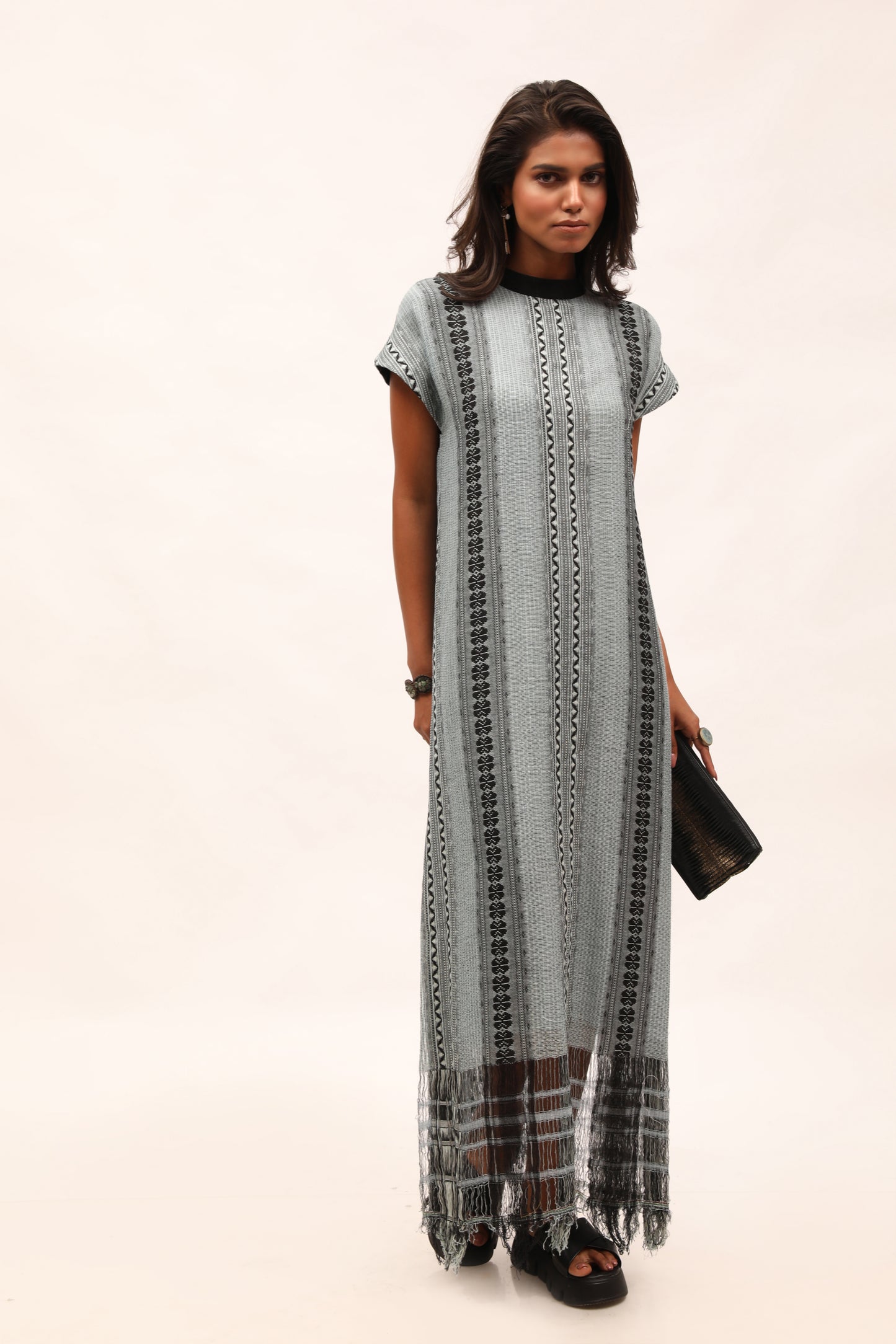 Blue Cotton Weave Long Fringe Dress