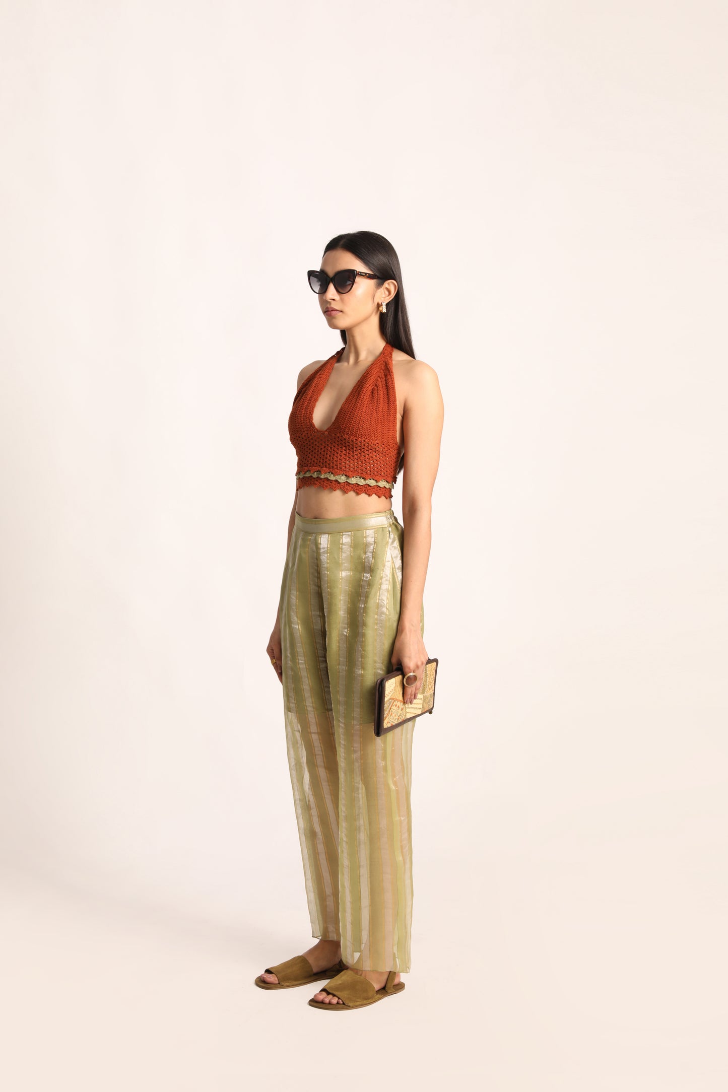 Green Organza Stripe Pants