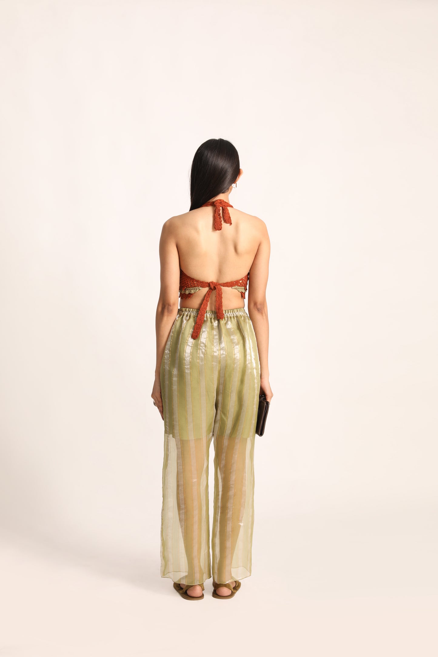 Green Organza Stripe Pants
