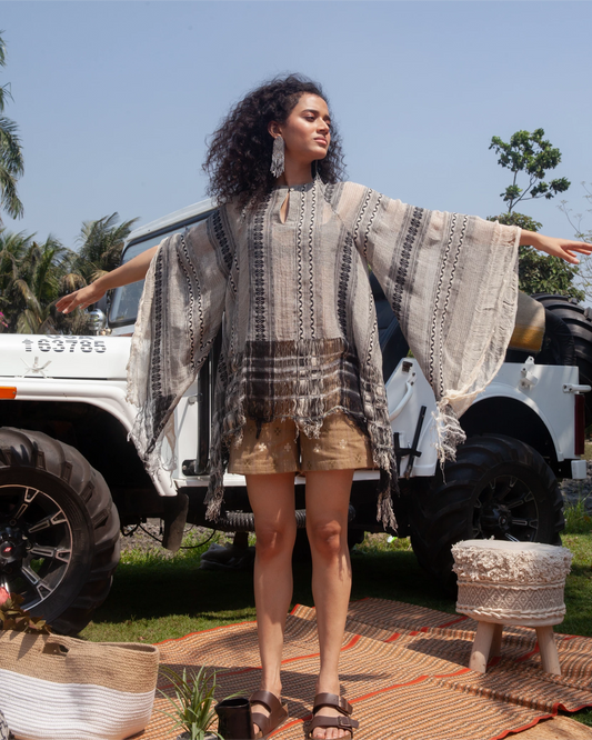 Cotton Weave Fringe Kaftan Top